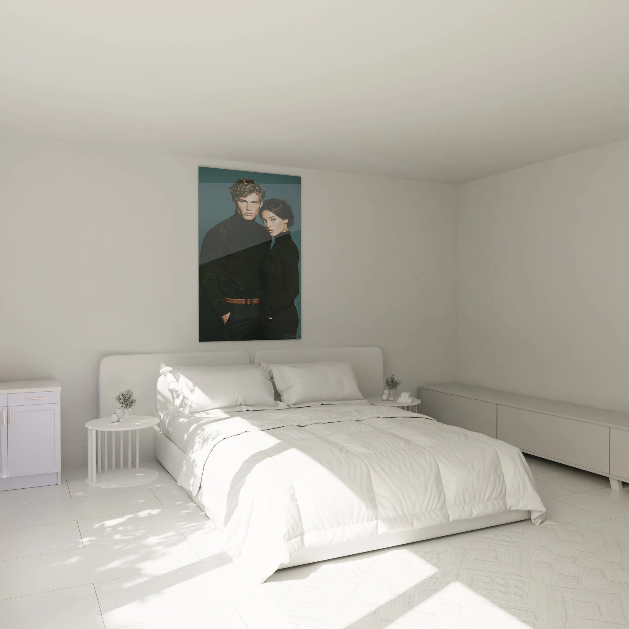 Tableau mural mode masculine de Walensky accroché au-dessus d'un lit dans une chambre moderne