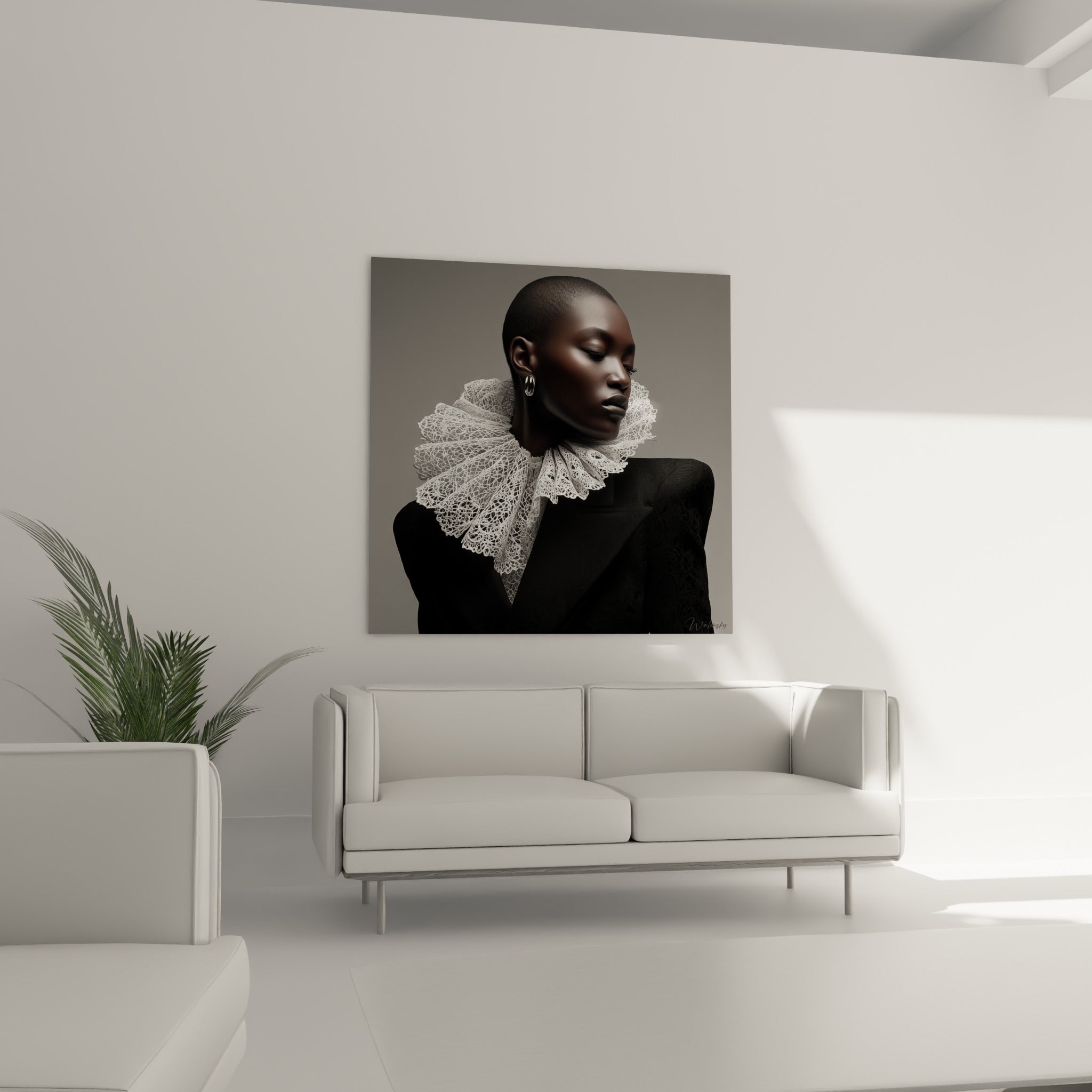 Regard baissé et fraise blanche sur fond gris texturé, tableau Mode noir et blanc au-dessus d'un canapé dans un salon lumineux