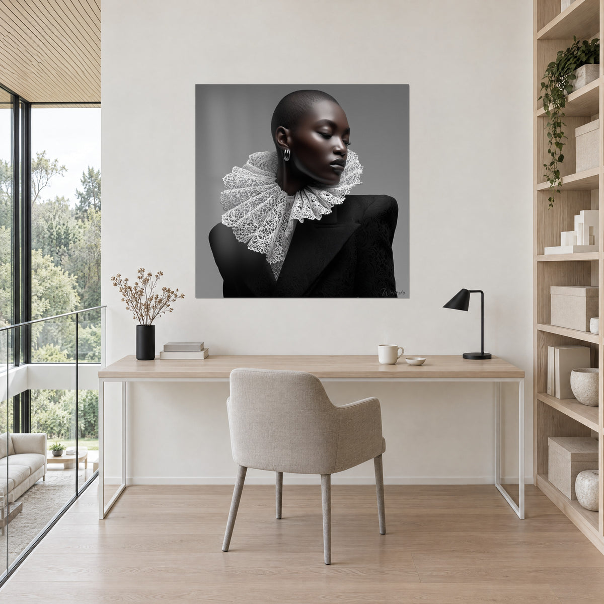 Gemälde elegante Frau mit glattem Kopf, elfenbeinfarbener Spitzenkragen über schwarzem bestickten Blazer und grauem Hintergrund, über einem Schreibtisch aus hellem Holz