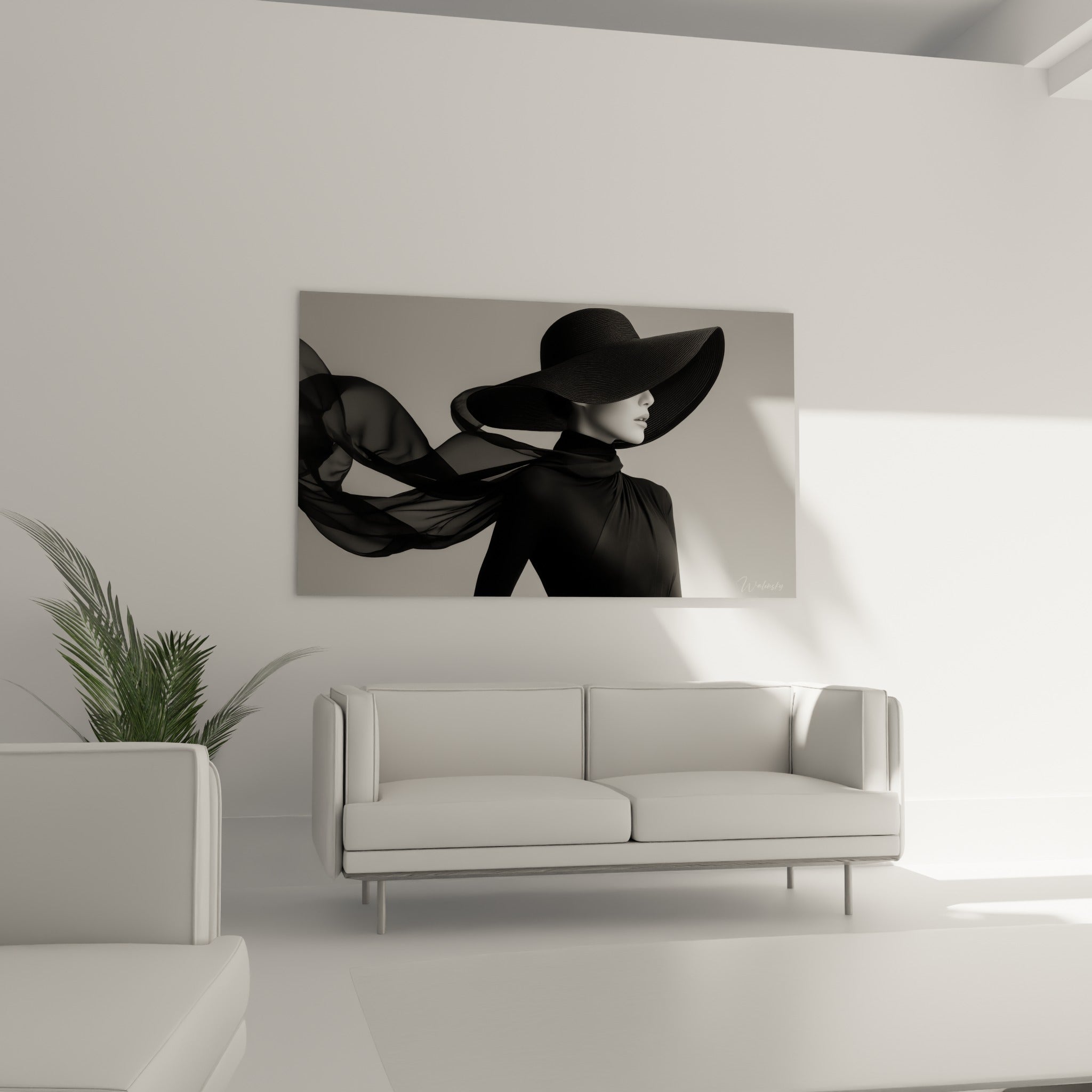Femme au col montant noir et voile aérien, tons gris et noir intense au-dessus d'un canapé dans un salon lumineux