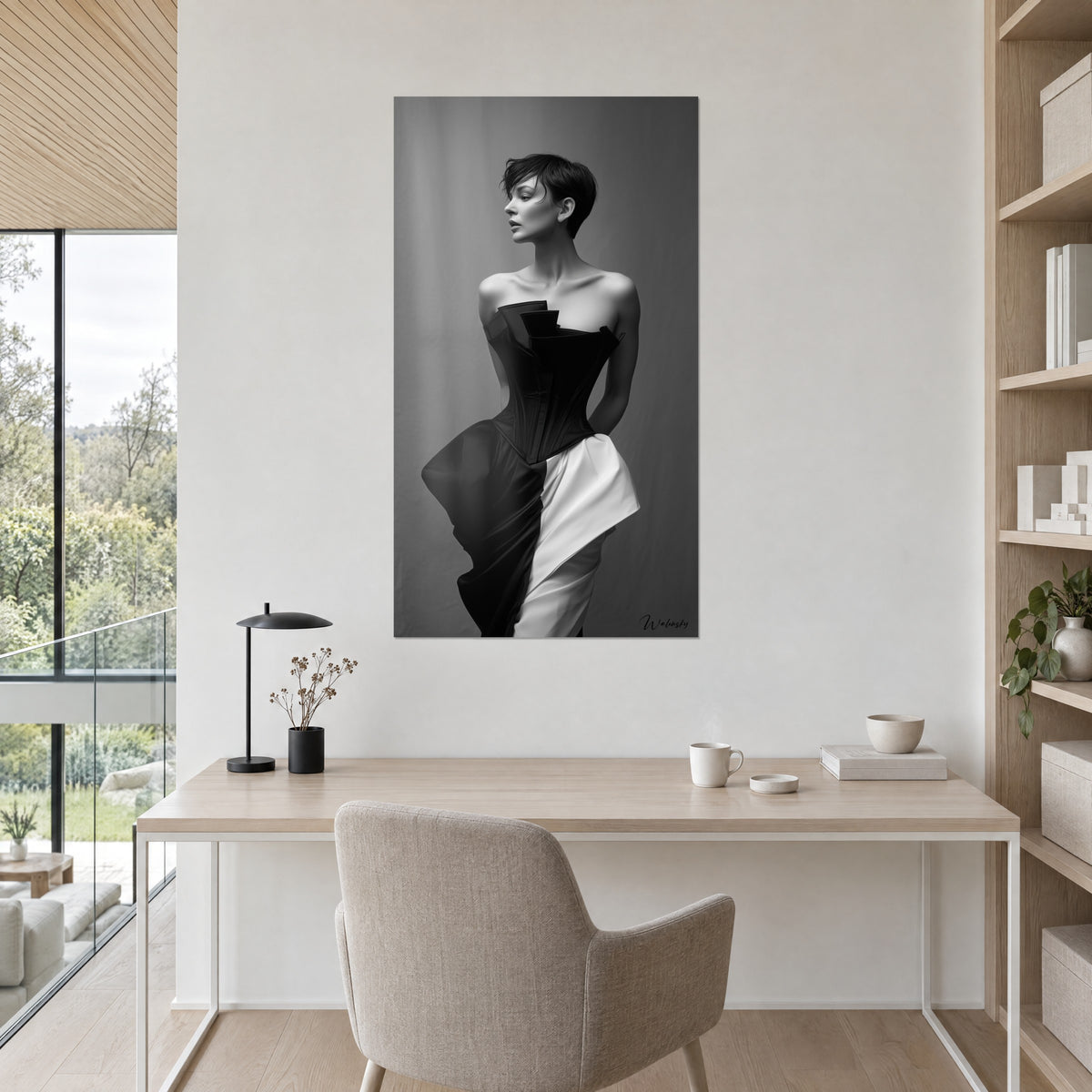 Gemälde Haute Couture in Schwarz und Weiß, nackte Schultern und plissiertes Korsett, sanfter grauer Hintergrund, über einem Schreibtisch aus hellem Holz