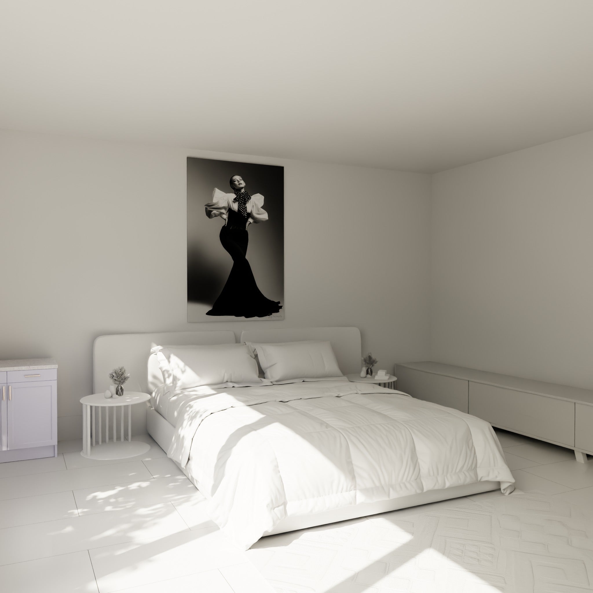 Mannequin cambré en noir et blanc, manches bouffantes et jupe fluide, au-dessus d'un lit dans une chambre claire