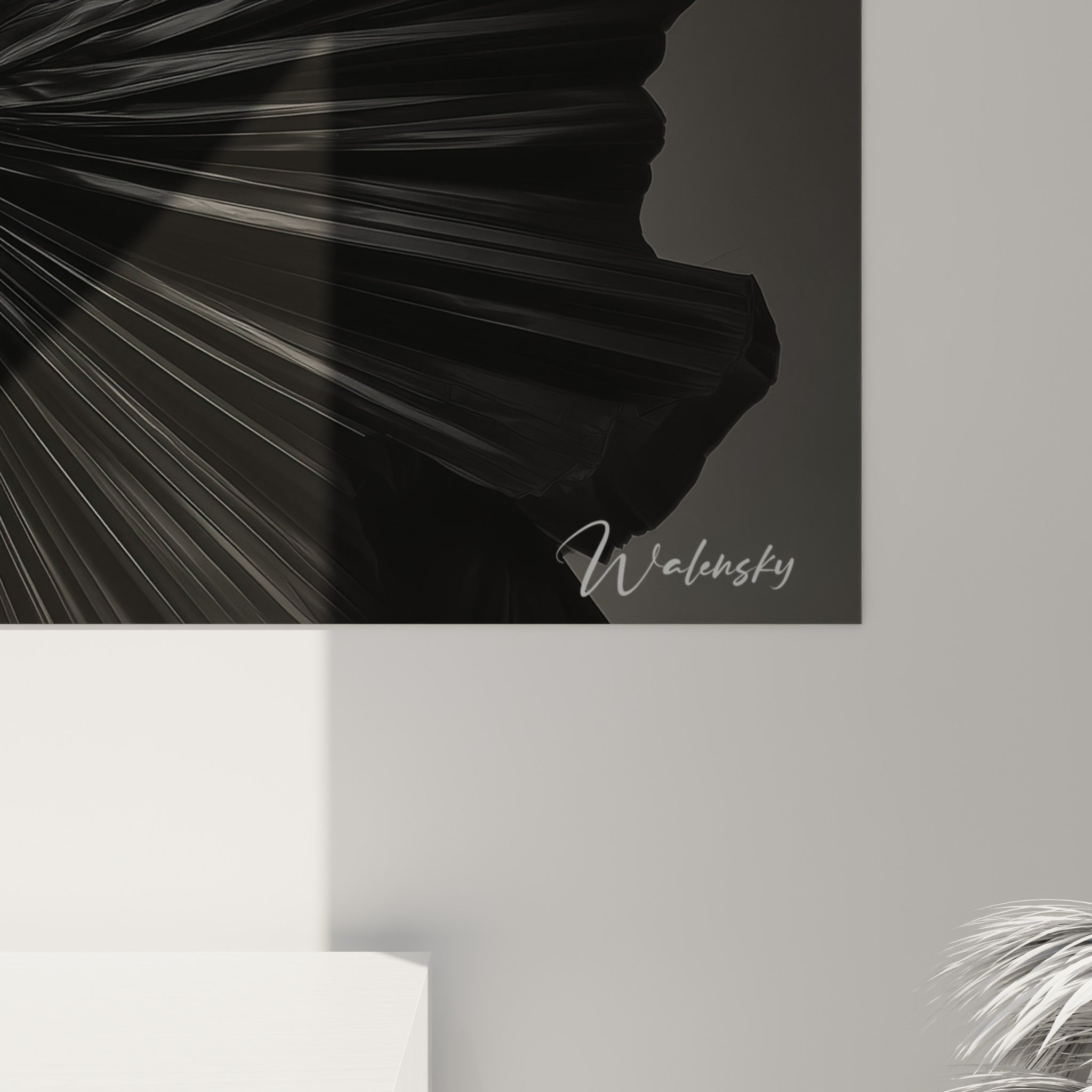 Grain soyeux du plissé noir et texture froissée du tissu blanc, détail rapproché des manches gonflées