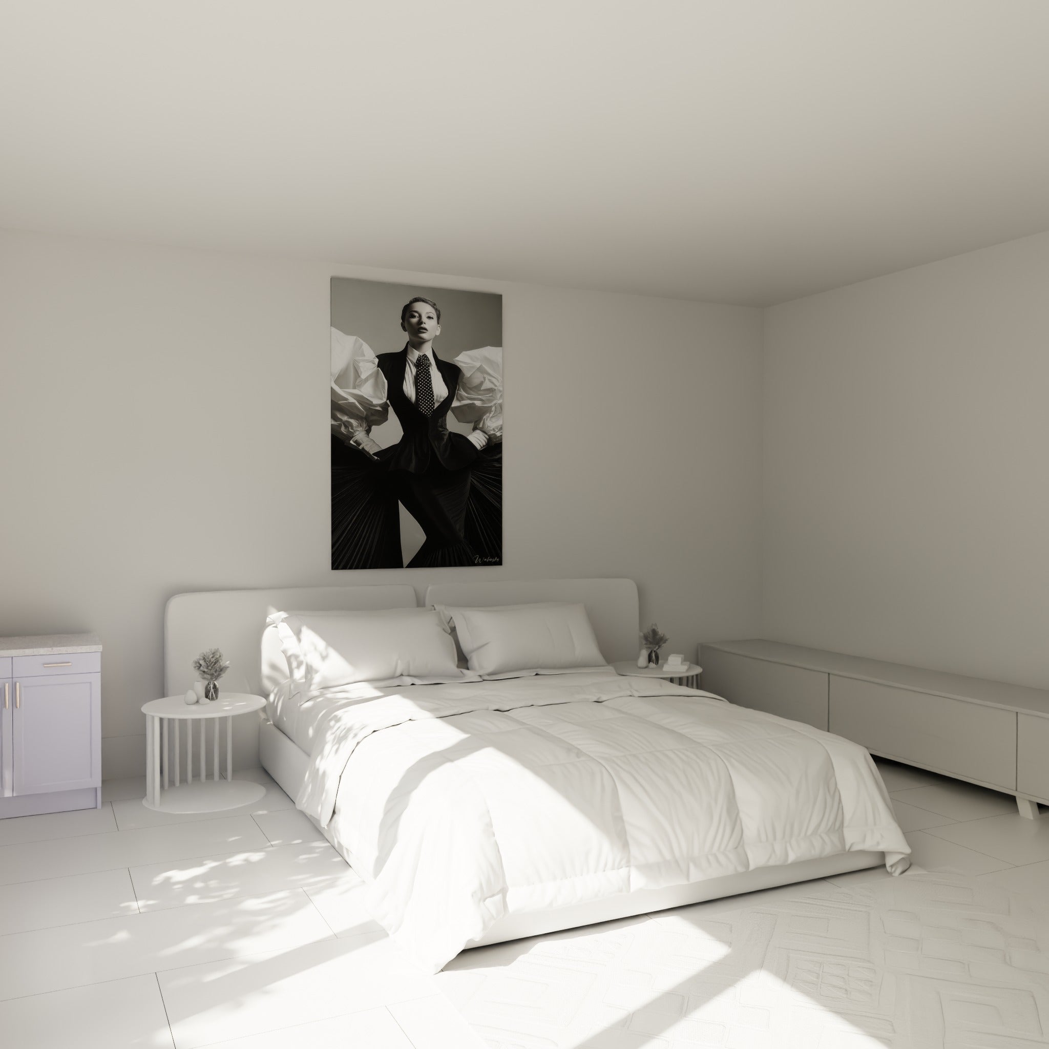 Femme élégante en tableau Mode noir et blanc accrochée au-dessus d'un lit dans une chambre claire