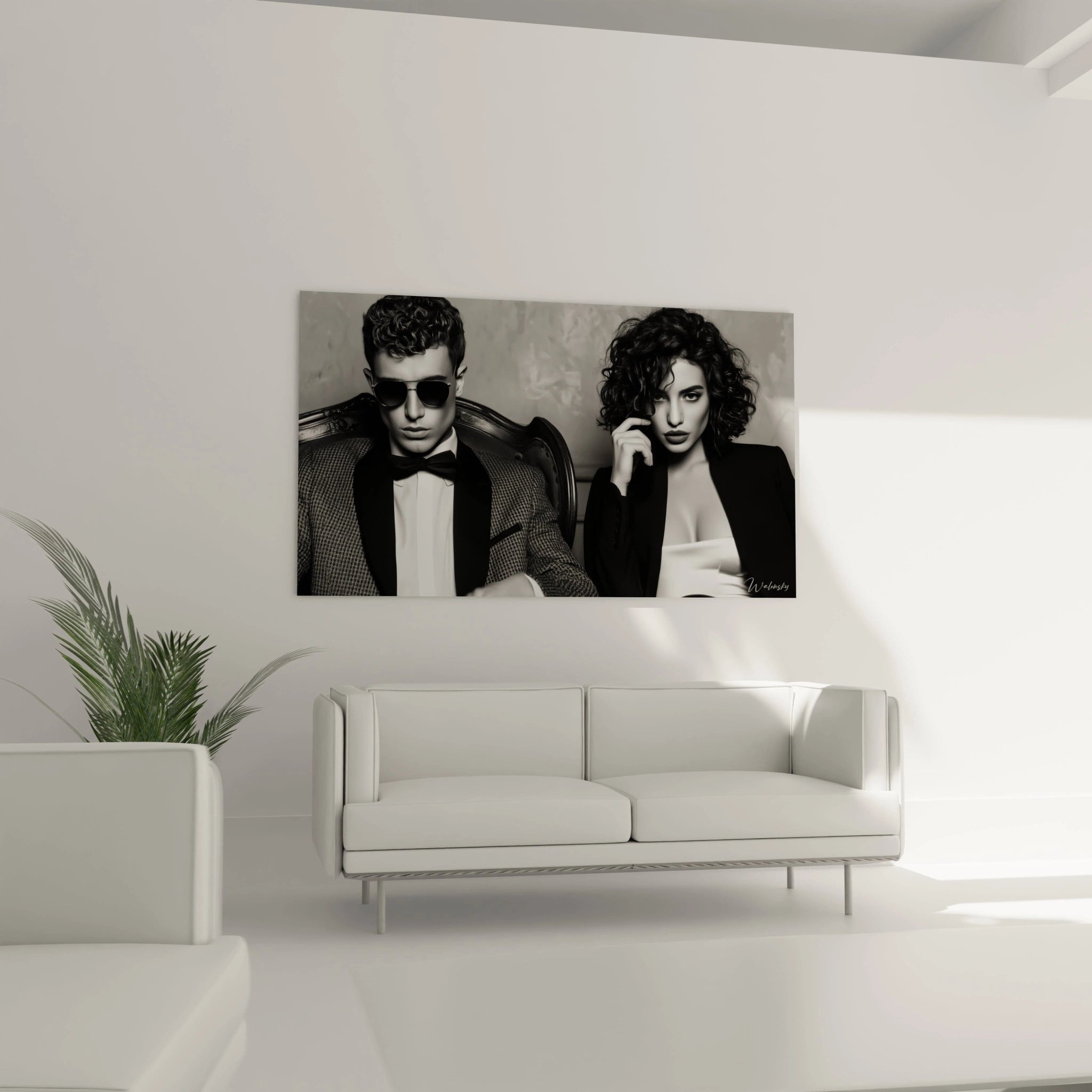 Tableau mural noir et blanc glamour représentant un couple élégamment habillé dans un intérieur moderne