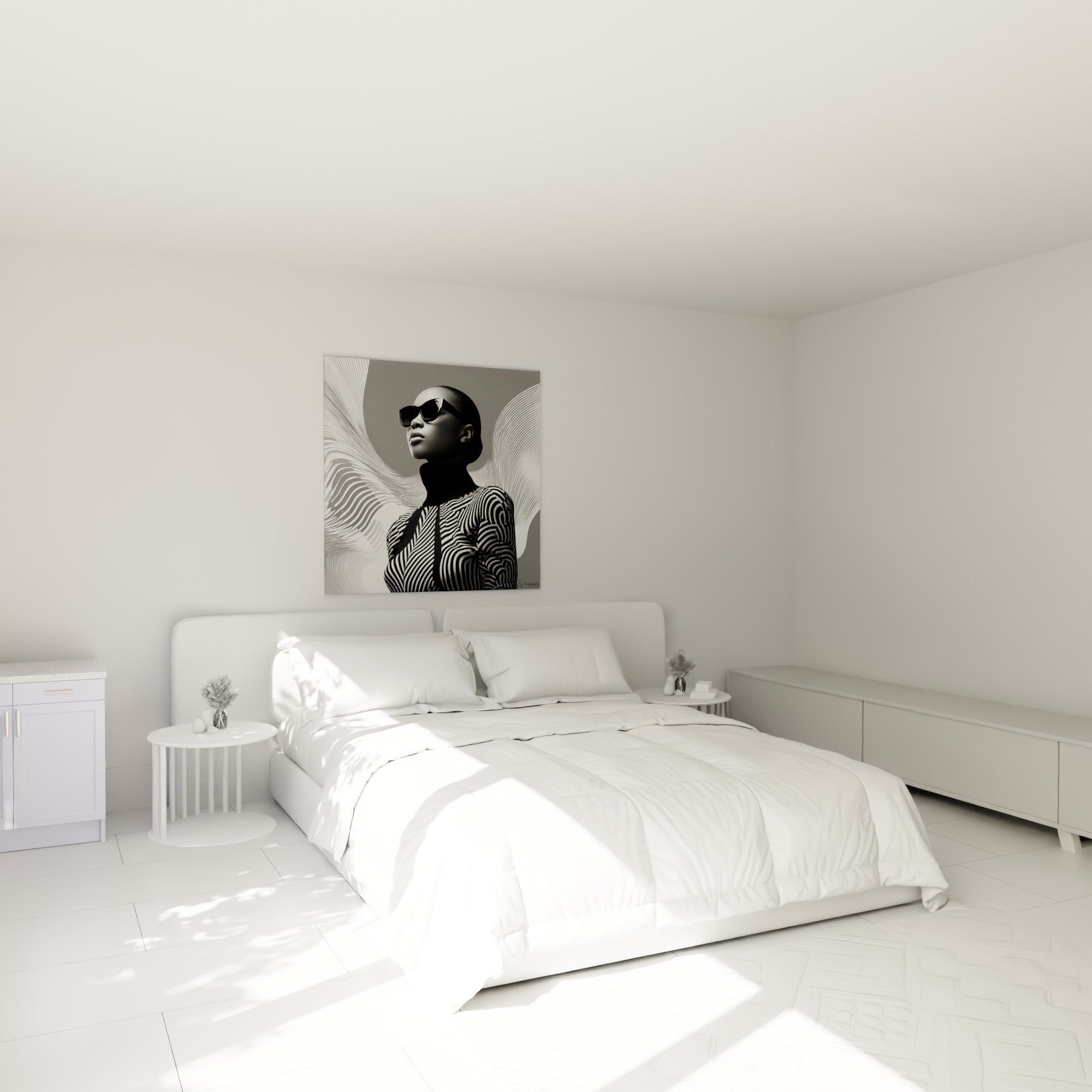Silhouette rayée noire et blanche au regard levé, accrochée au-dessus d'un lit dans une chambre claire