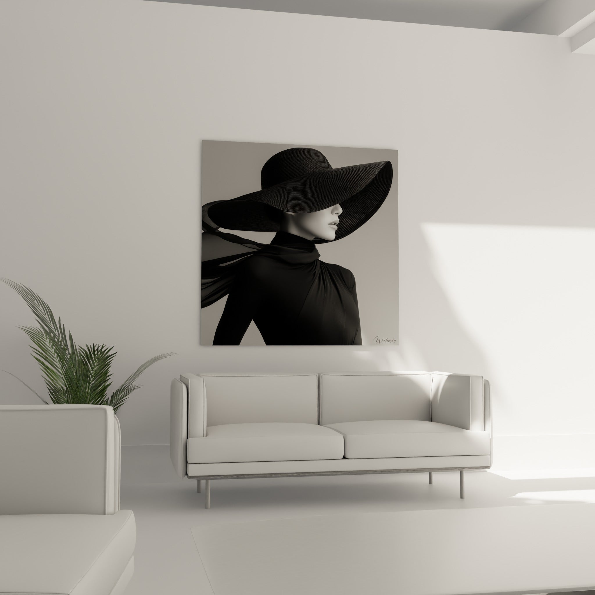 Silhouette voilée en noir profond et blanc porcelaine, au-dessus d'un canapé dans un salon lumineux