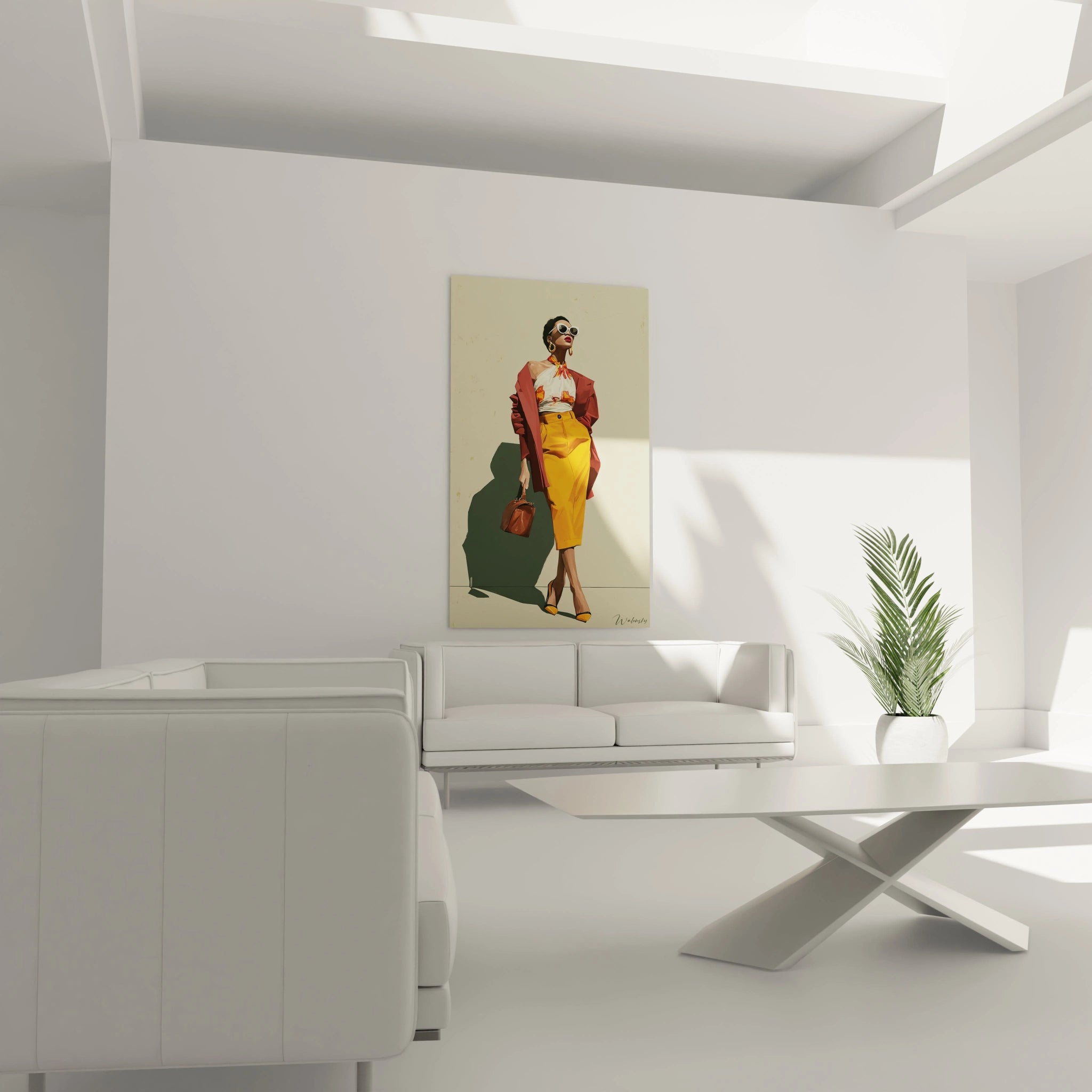 Tableau mode parisienne de Walensky représentant une femme élégante en tenue colorée dans un intérieur moderne