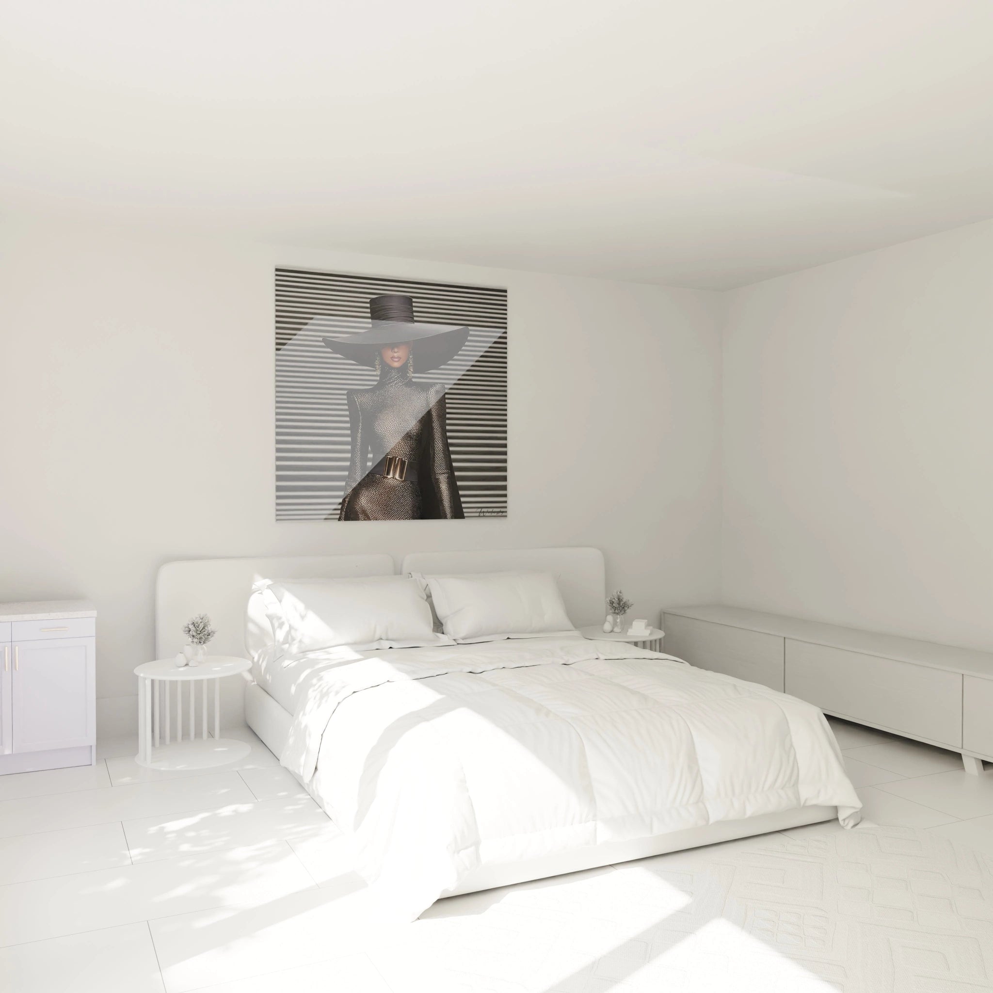 Tableau mode parisienne strass sur mur dans une chambre lumineuse avec lit moderne