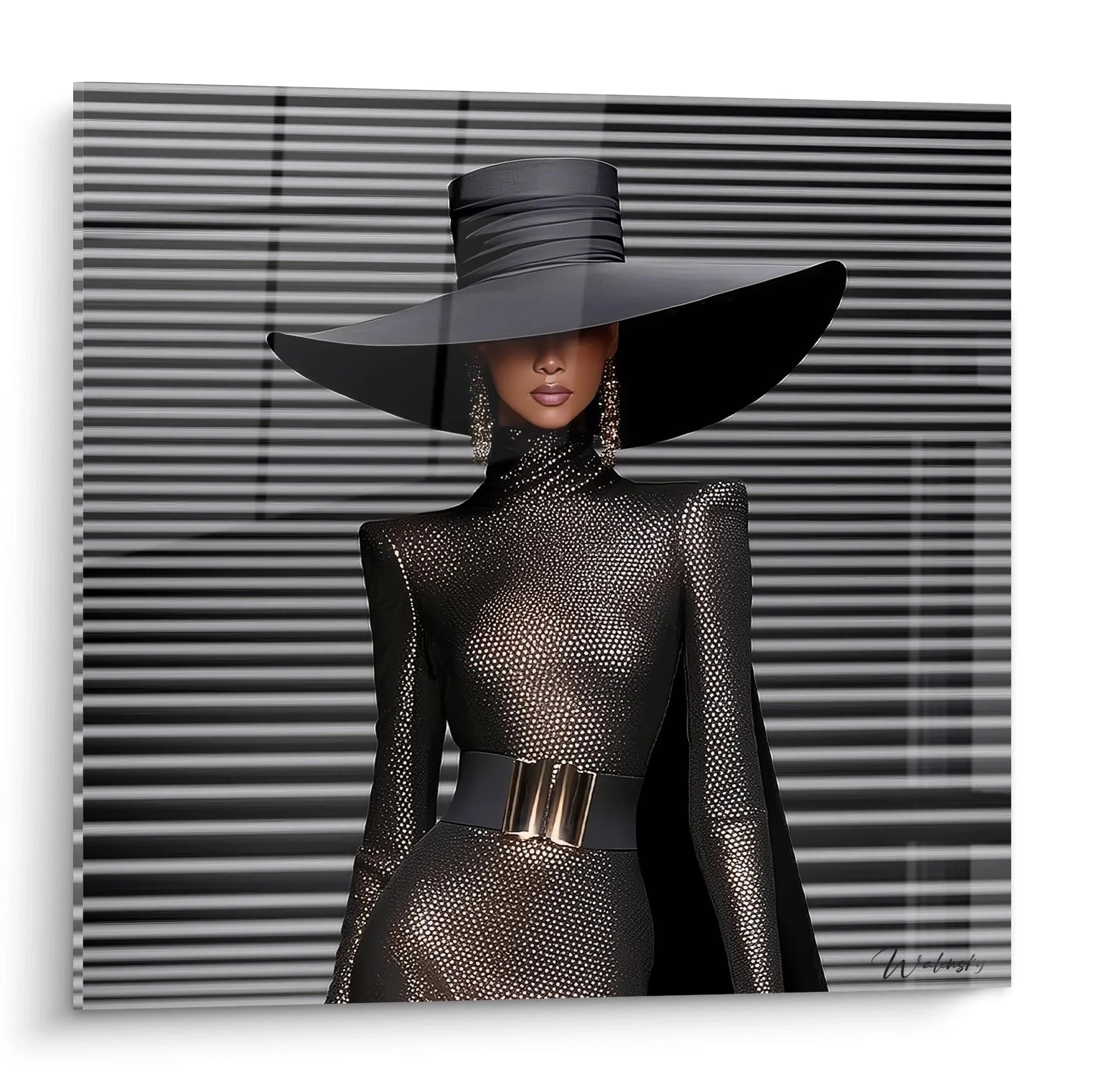 Tableau mural mode parisienne strass avec mannequin en tenue élégante et chapeau noir