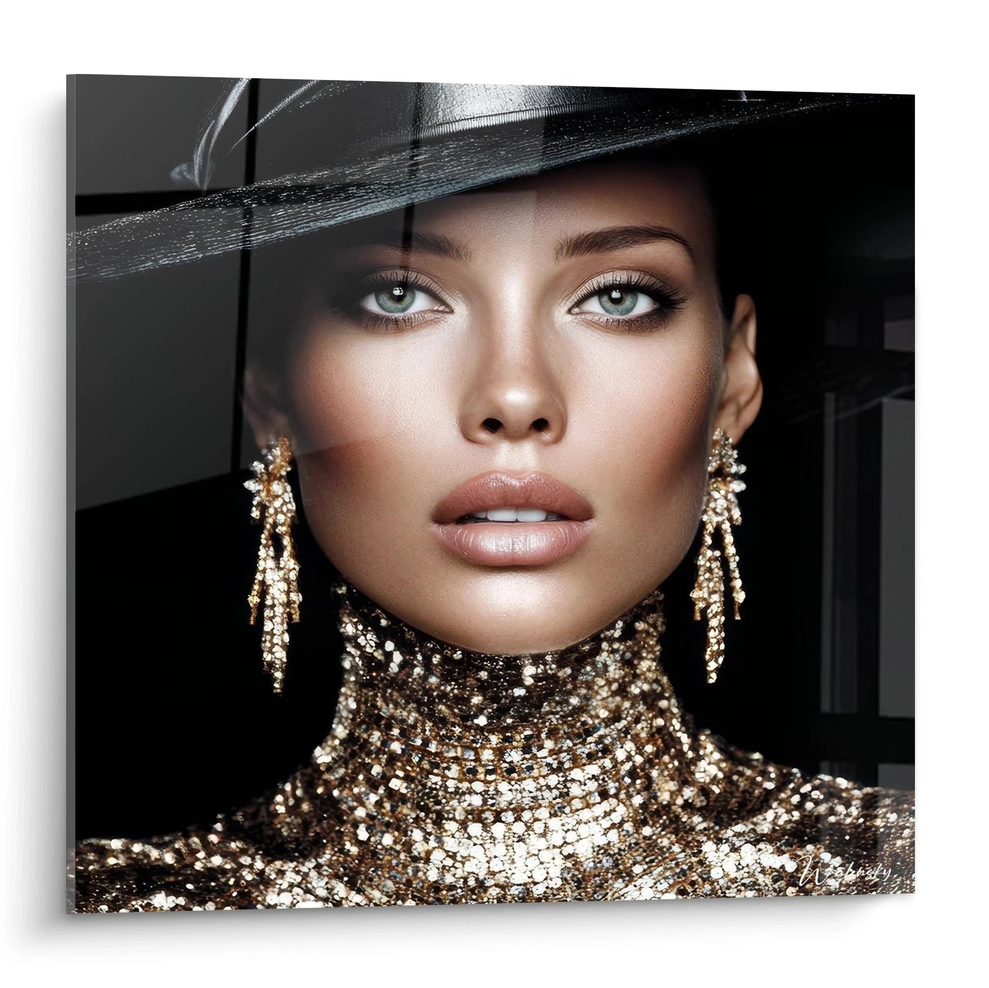 Tableau mural mode parisienne avec portrait élégant d'une femme en robe scintillante et accessoires brillants