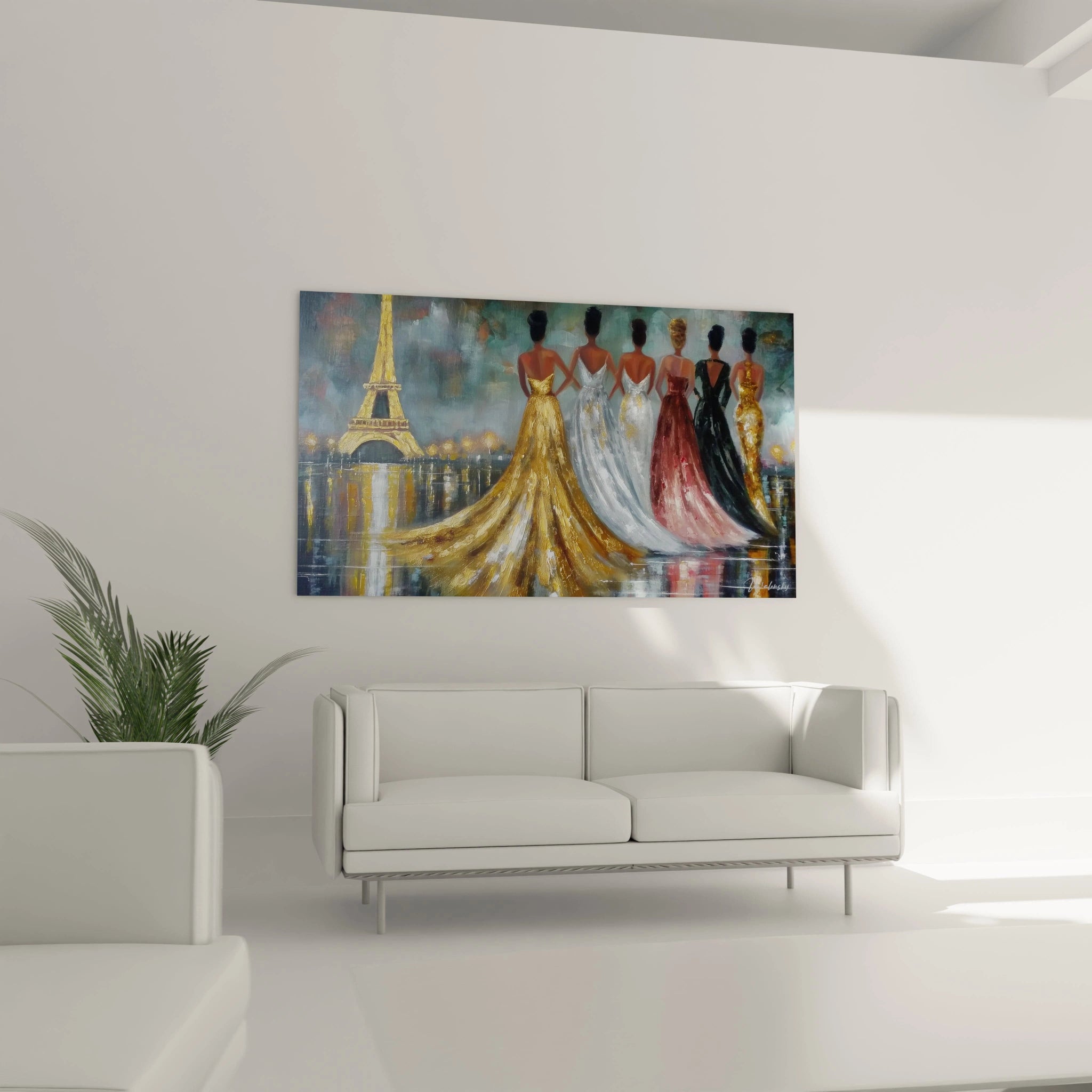 Tableau mural mode parisienne soirée Tour Eiffel avec silhouettes élégantes derrière la tour