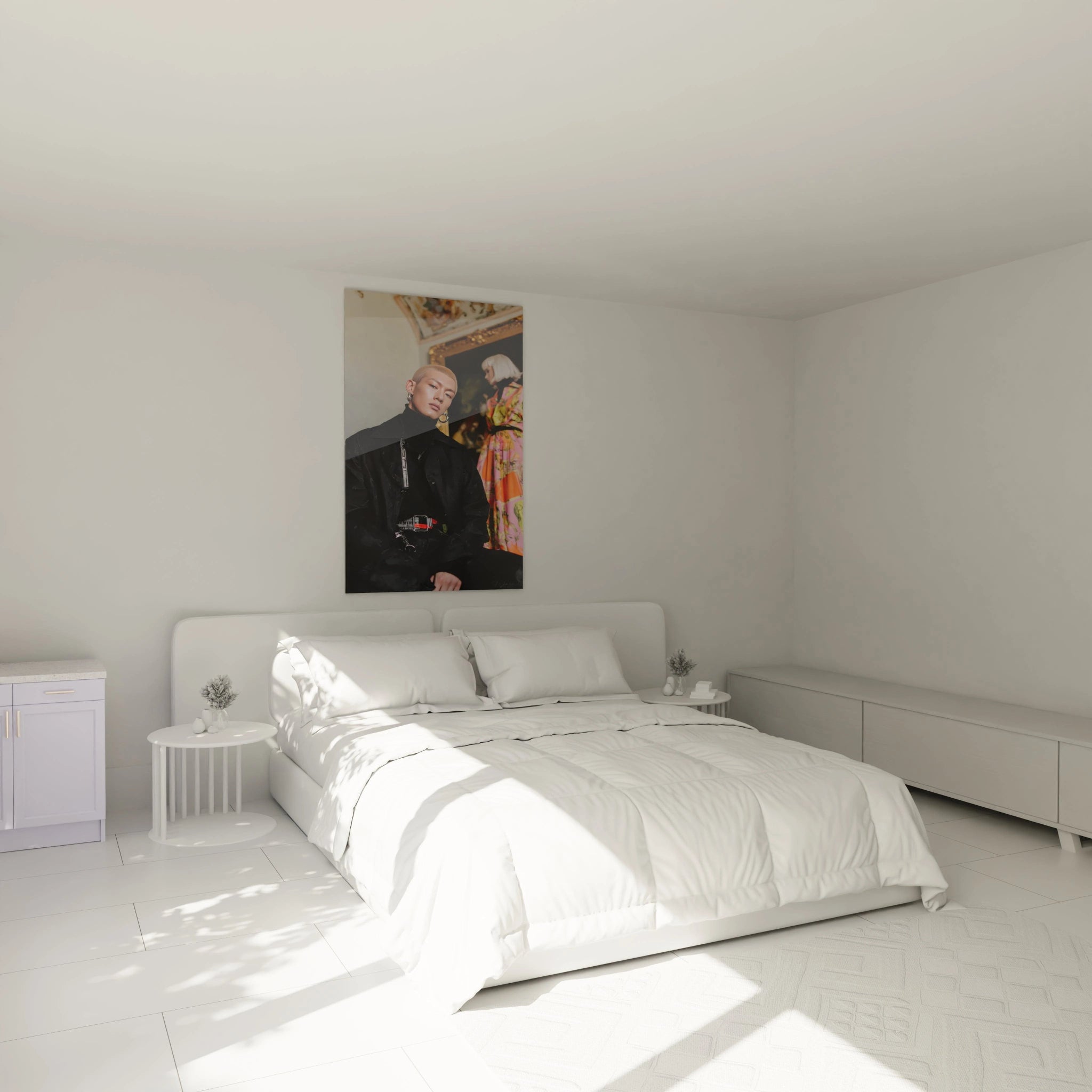 Tableau mural streetwear moderne de Walensky dans une chambre minimaliste avec un lit spacieux