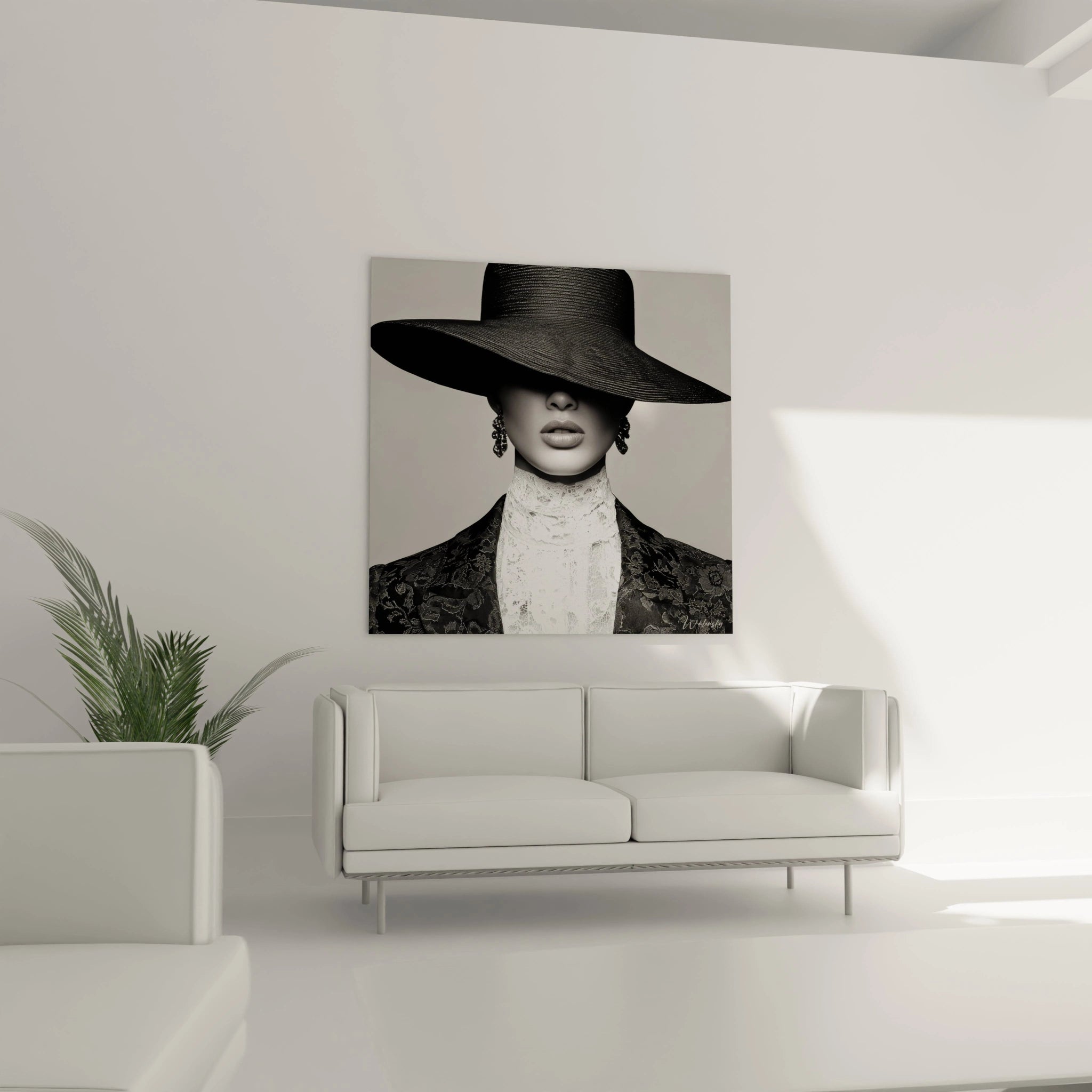 Tableau mode vintage noir et blanc représentant une femme élégante au grand chapeau dans un intérieur moderne