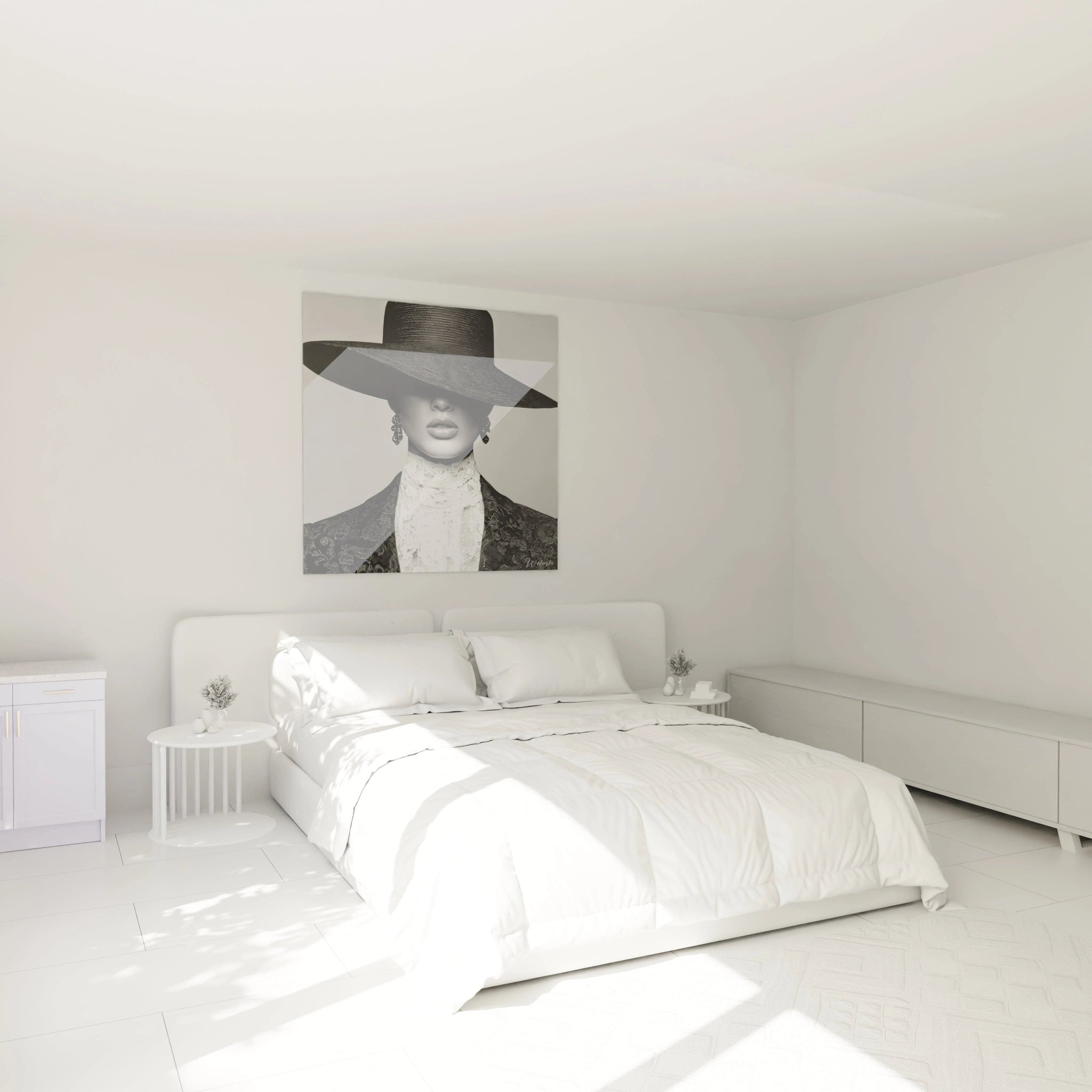 Tableau mode vintage noir et blanc dans une chambre moderne avec lit et décoration minimaliste