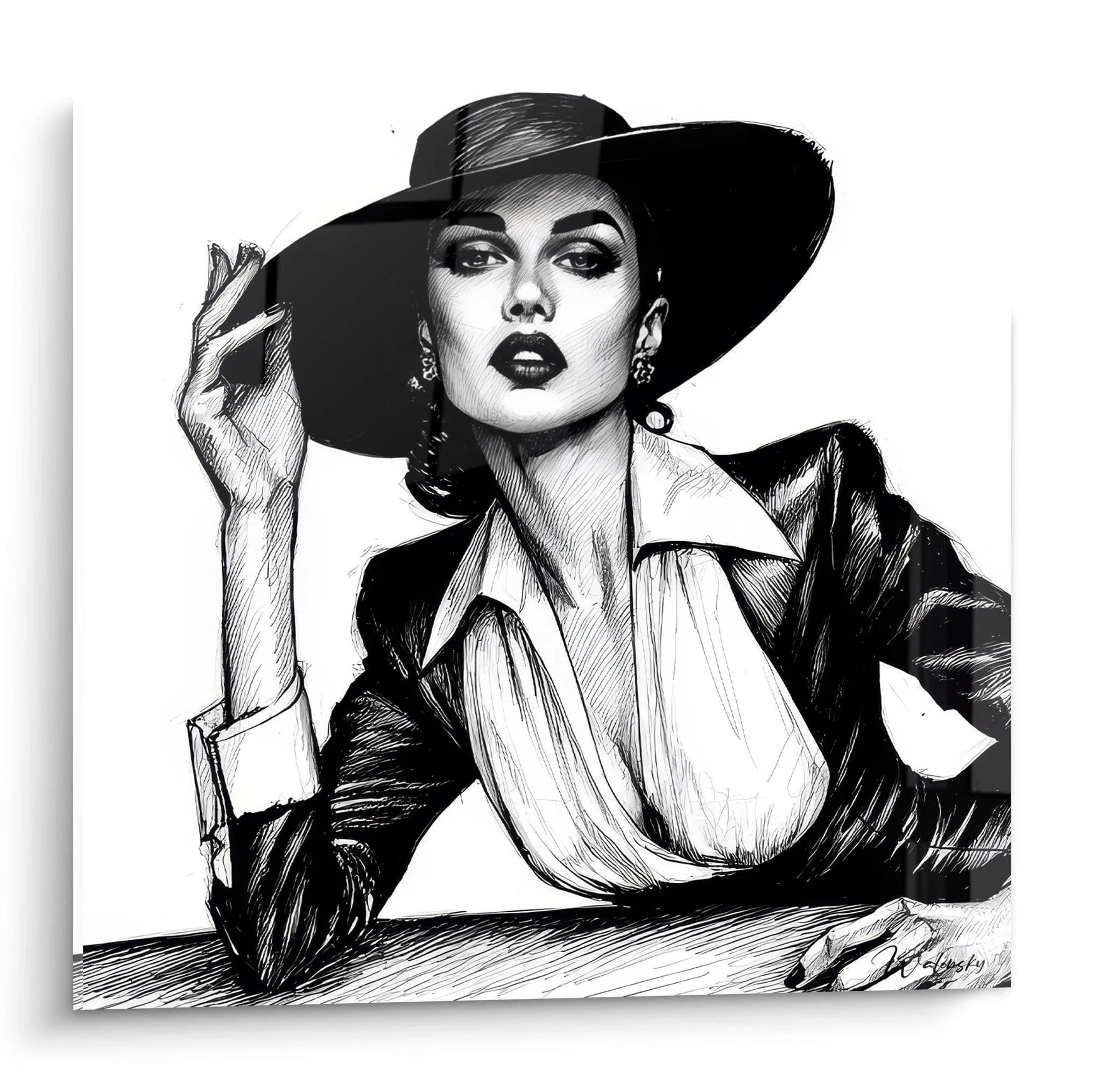 Tableau mode vintage parisienne représentant une femme élégante en noir et blanc avec un chapeau