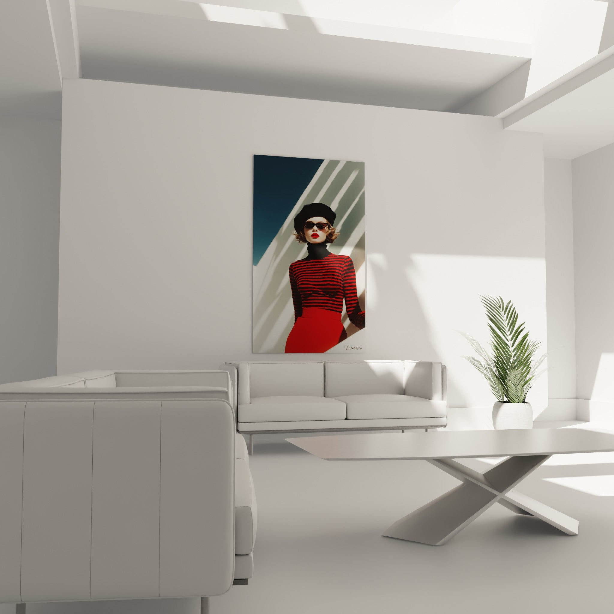 Femme en tenue rayée rouge et noire, jupe écarlate, au-dessus d'un canapé dans un salon lumineux