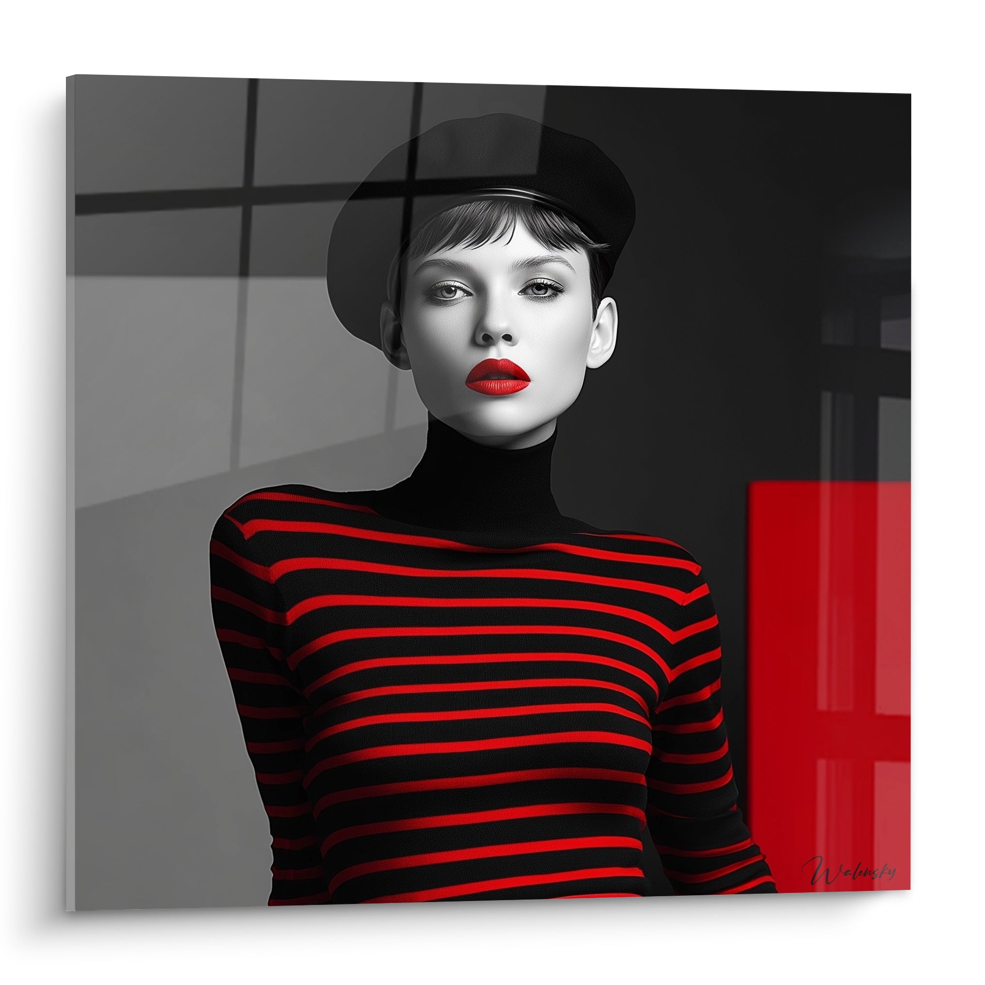 Femme au bérêt noir et marinière rouge, portrait noir et blanc à la touche carmin intense