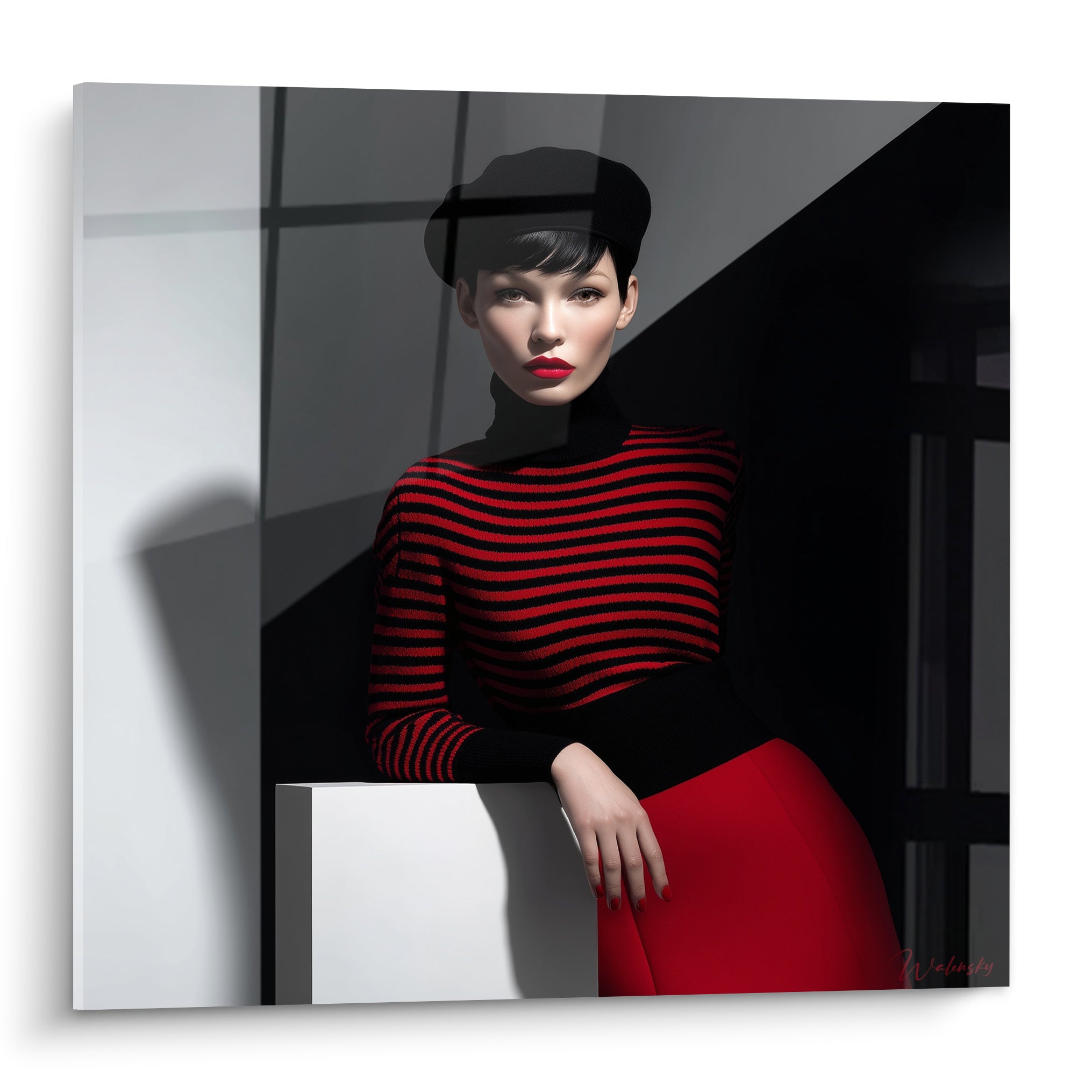 Portrait Mode vintage d'une femme au béret noir et pull rayé rouge et noir, regard direct