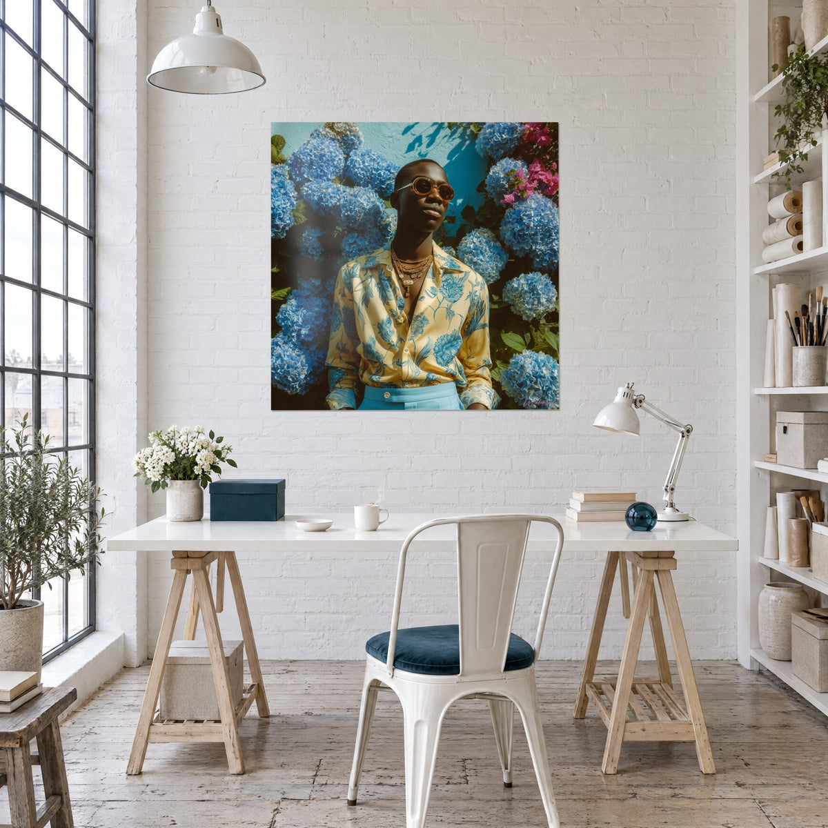 Wall art fashion silhouette in sky-blue trousers, gold chains, sapphire hydrangea bed, hung above a white loft desk