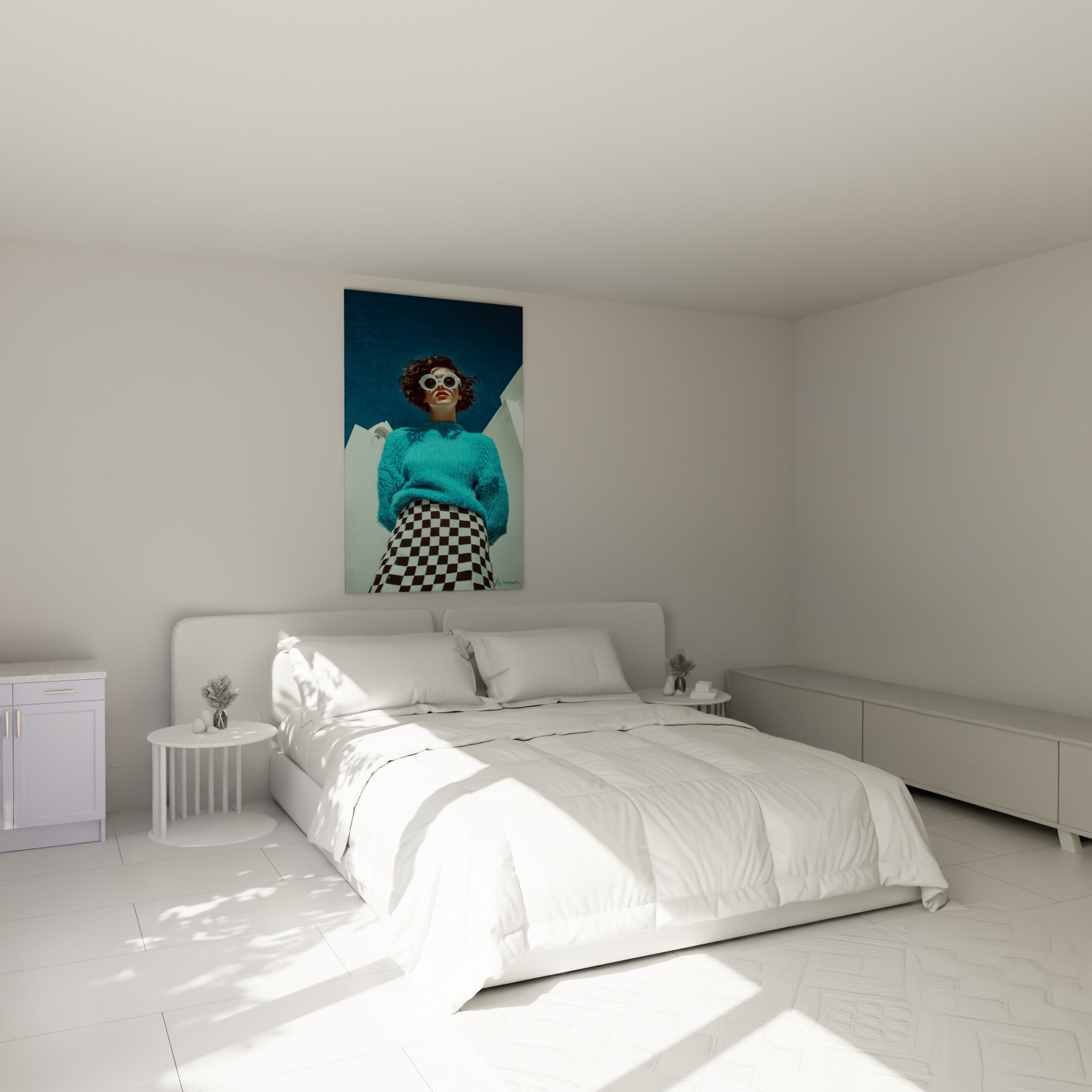Silhouette en pull turquoise et lunettes blanches accrochée au-dessus d'un lit dans une chambre claire