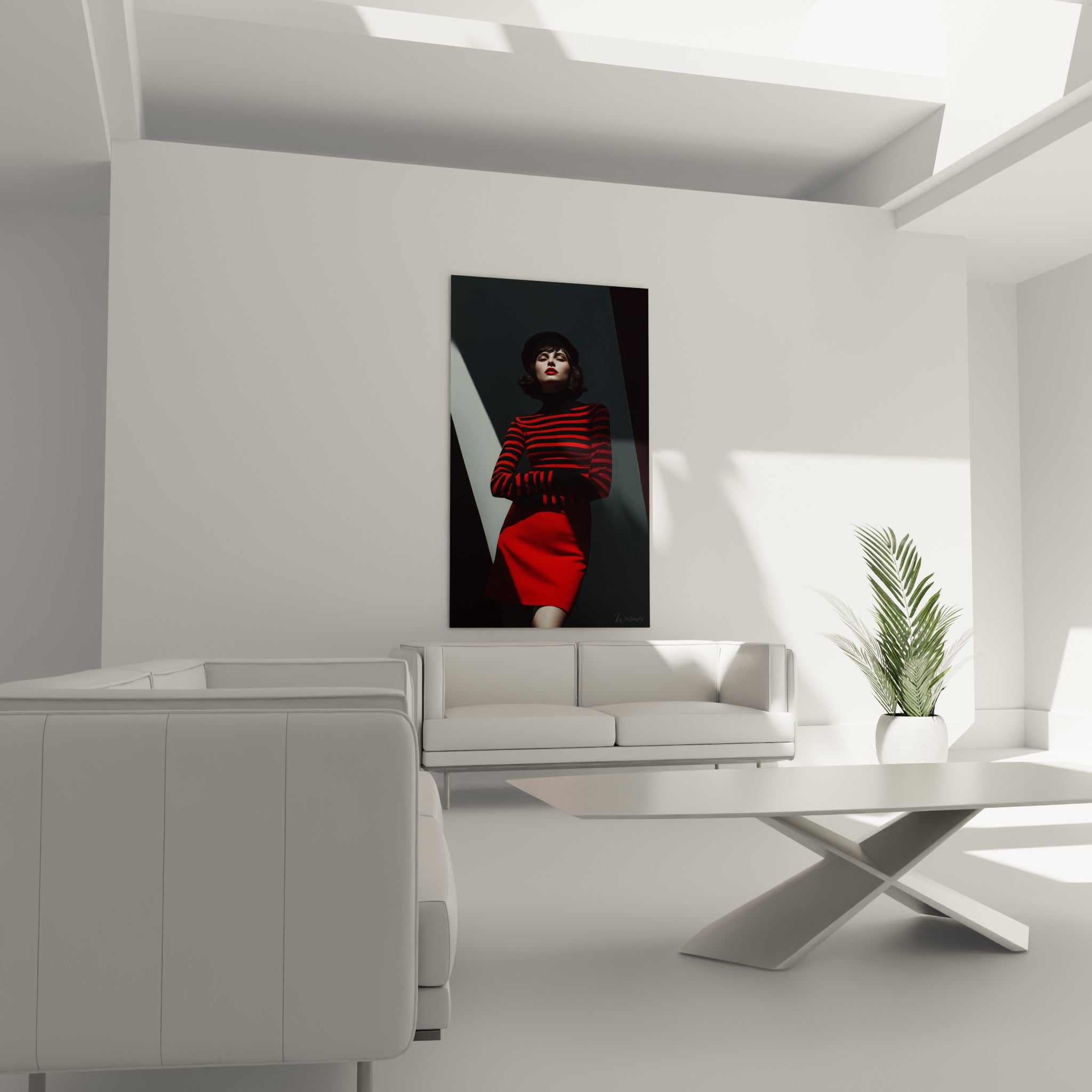 Portrait au béret et pull rayé rouge et noir, disposé au-dessus d'un canapé dans un salon lumineux