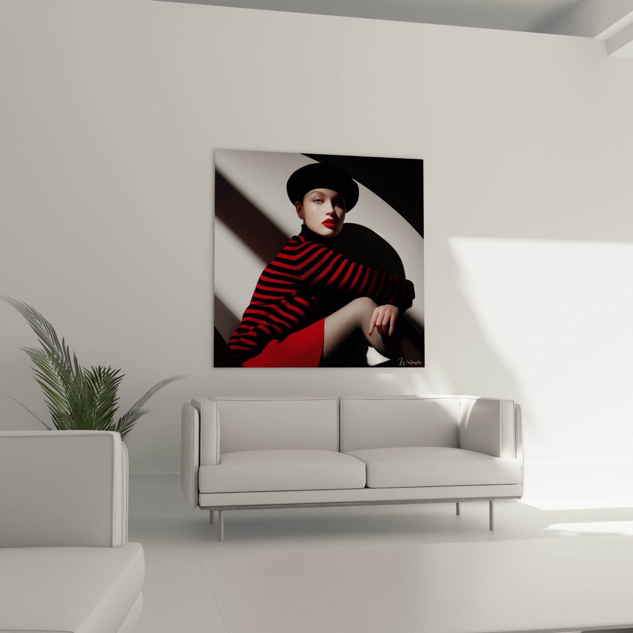 Silhouette au béret noir et rayures rouges suspendue au-dessus d'un canapé dans un salon lumineux