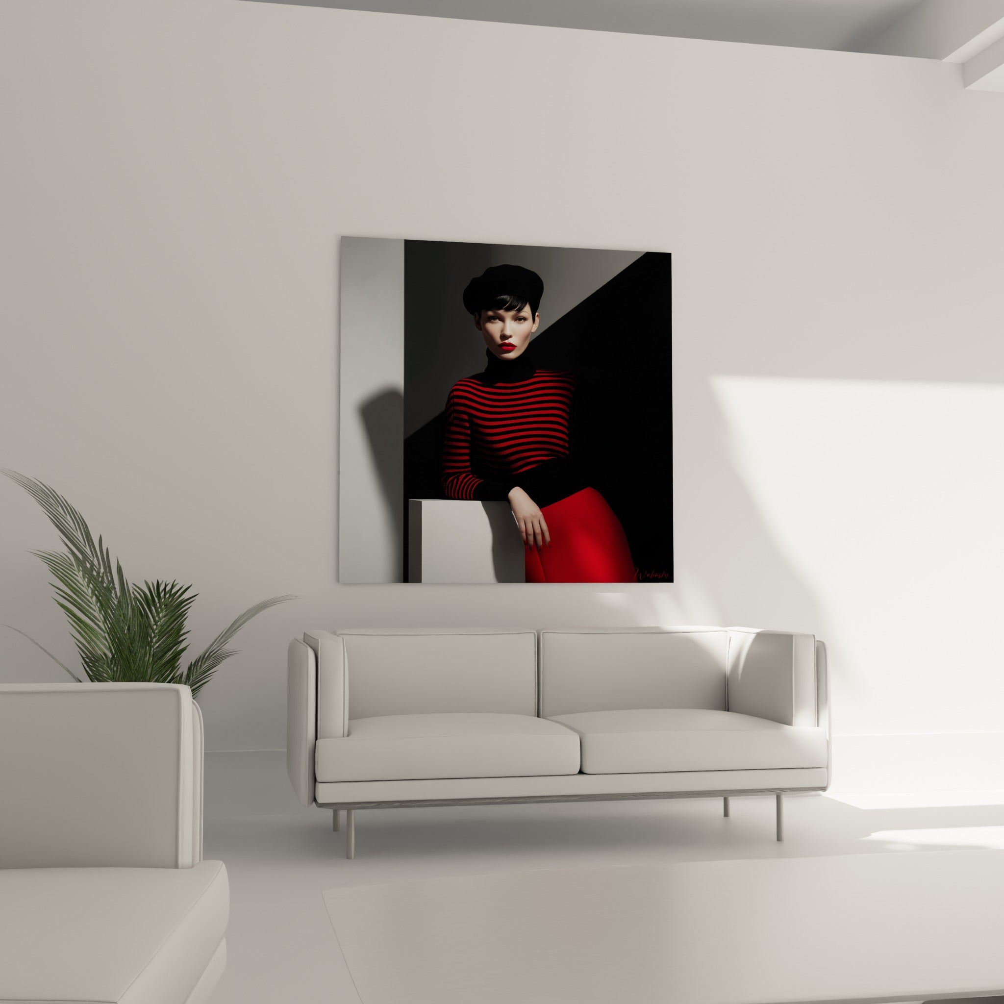Silhouette Mode vintage en rouge et noir, béret incliné, au-dessus d'un canapé dans un salon lumineux