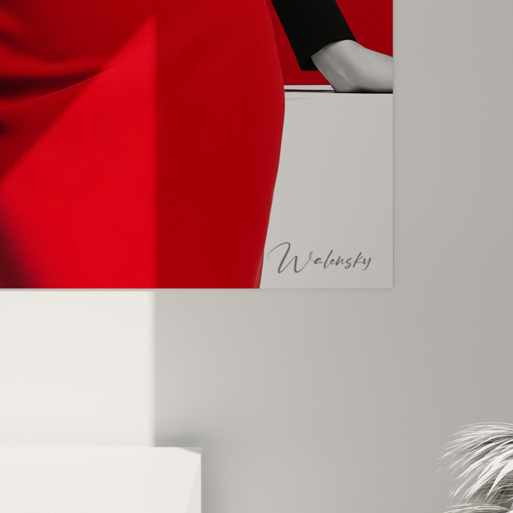 Détail rapproché des rayures rouges et noires du pull, texture lisse et couleurs franches qui se touchent sur la toile