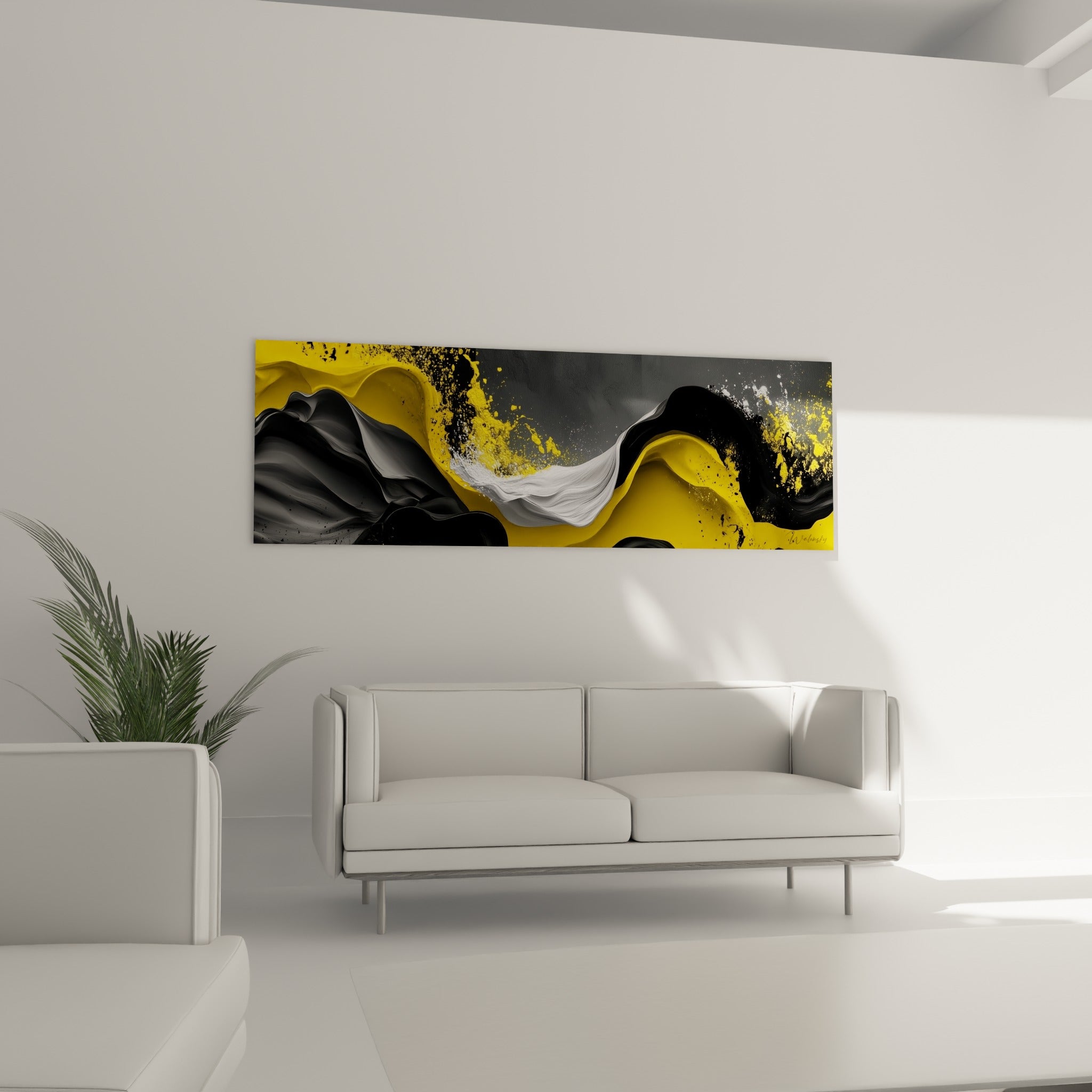Vagues dorées et anthracite du tableau moderne abstrait suspendues au-dessus d'un canapé dans un salon lumineux