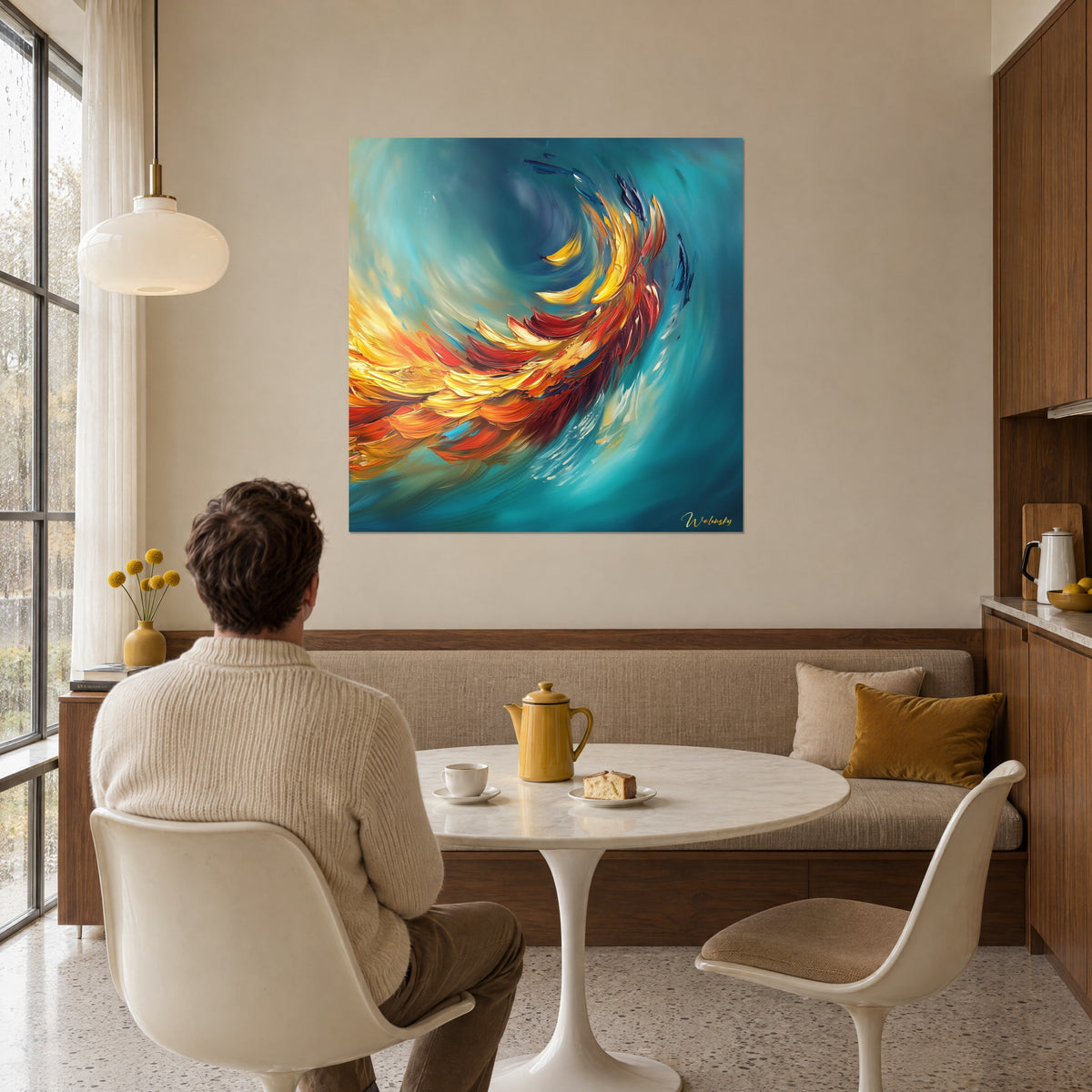 Schilderij van een gevleugelde vlam in een rode, saffraangele en turquoise spiraal, van achteren bekeken door een man die aan tafel zit, in een woonkamer met zacht licht