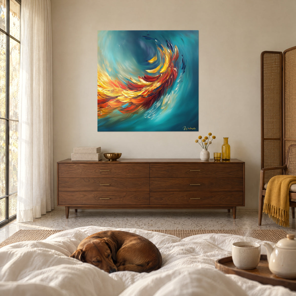 Schilderij met een wervel van amberkleurige en karmijnrode veren op een eendenblauwe achtergrond, tegenover een slapende teckel op bed, boven een bed in een lichte slaapkamer