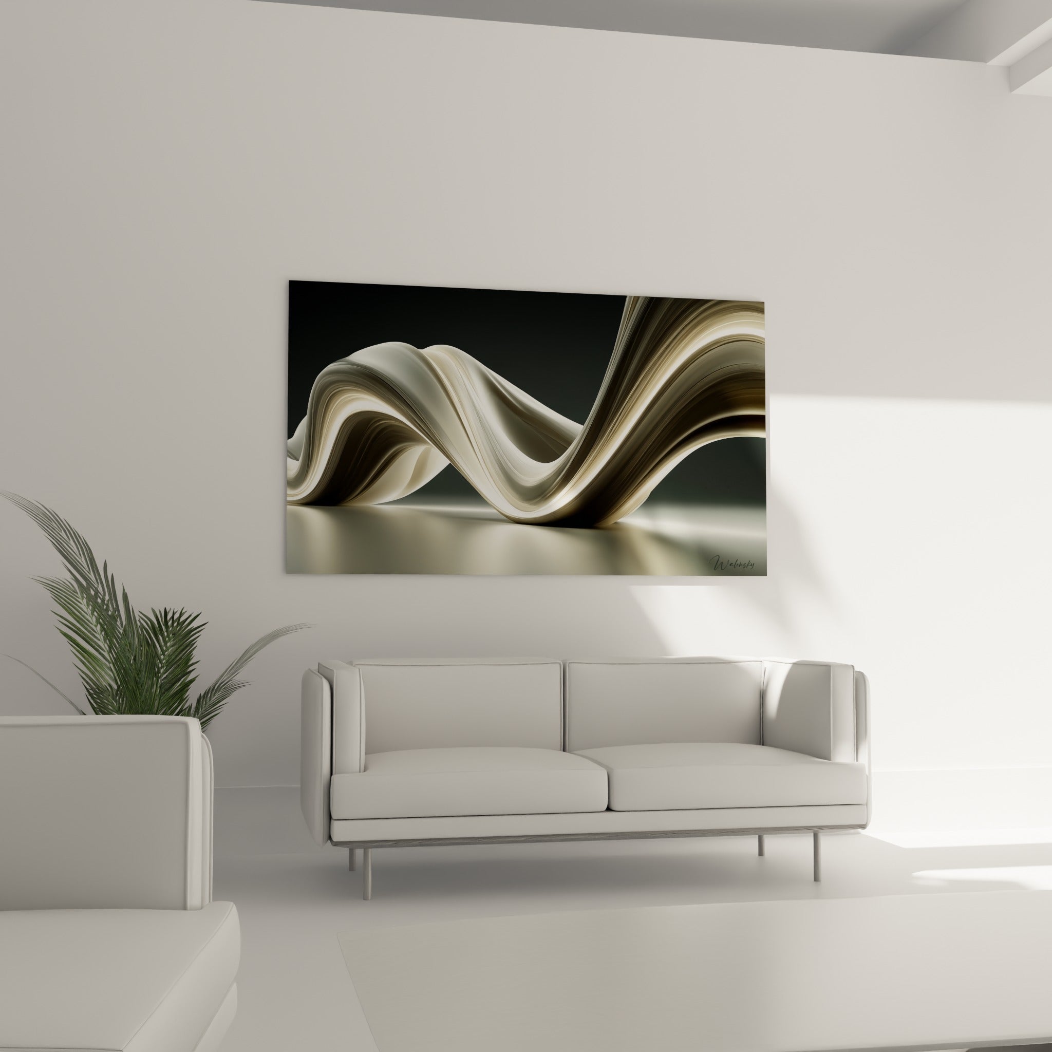 Ruban ondulant doré et anthracite du tableau Moderne abstrait au-dessus d'un canapé dans un salon lumineux