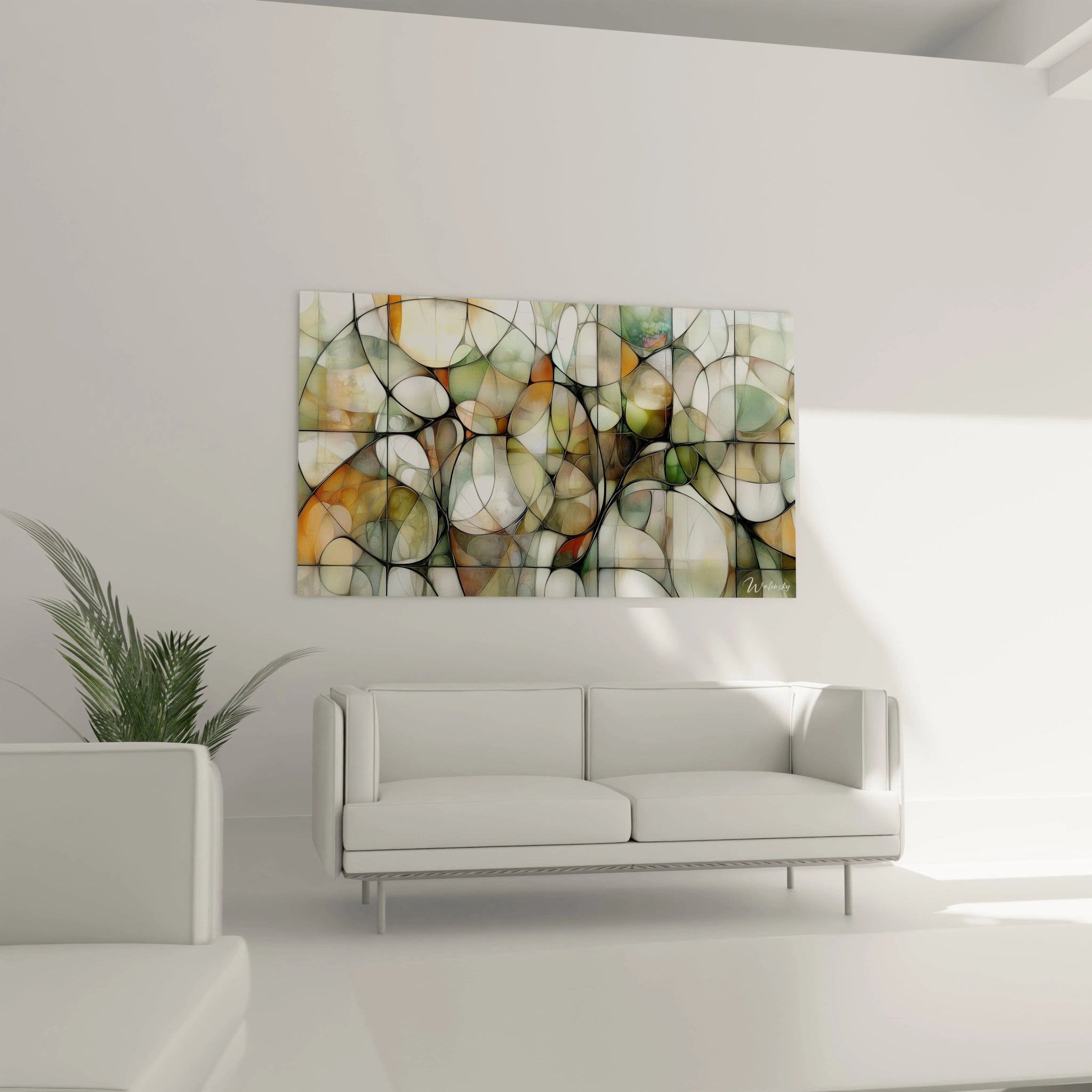 Tableau peinture contemporaine abstrait présentant un réseau de courbes fluides, des teintes naturelles comme le vert et l’orange, et des effets de transparence et de superposition.