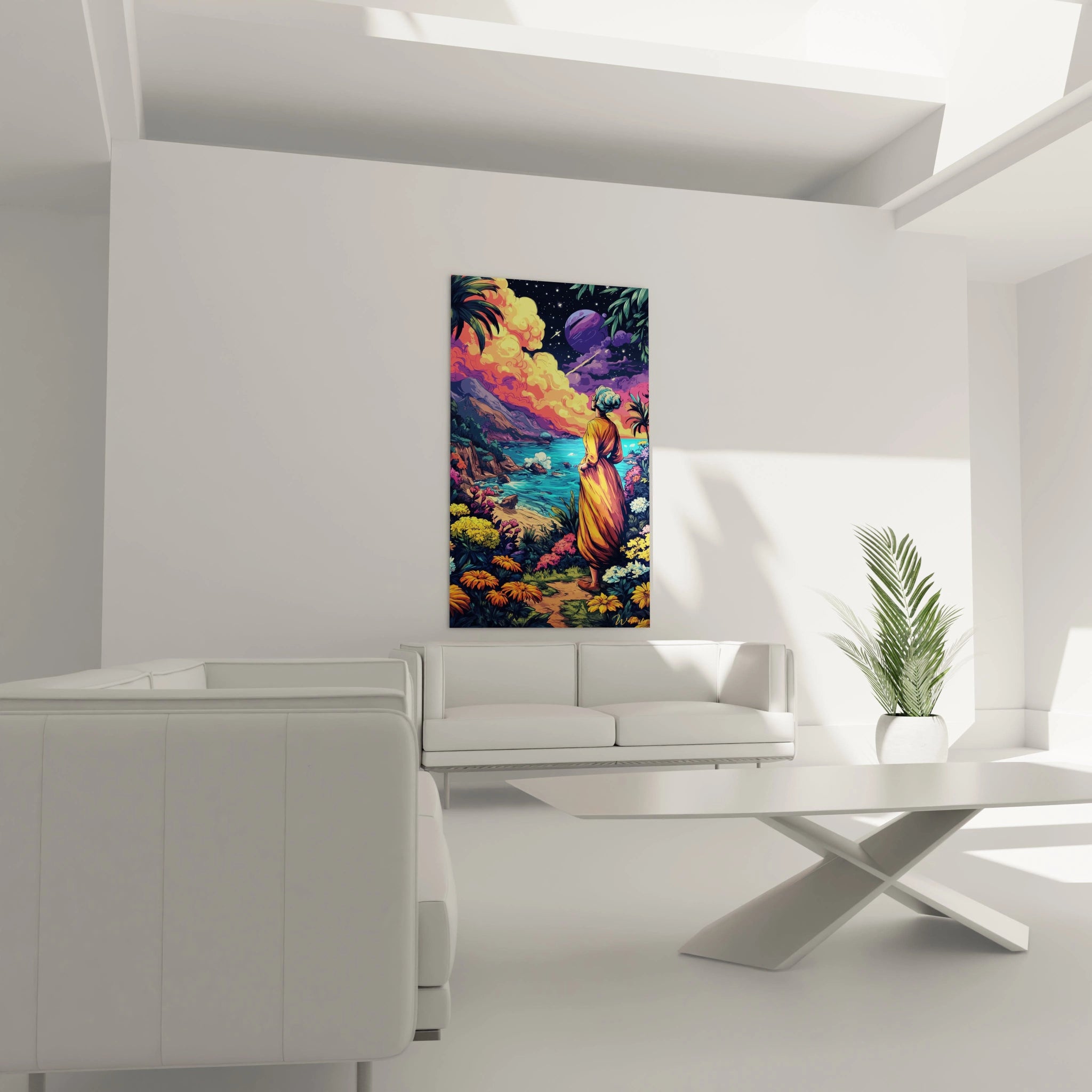 Gros plan tableau moine robe safran contemplant océan turquoise style bande dessinée détaillé
