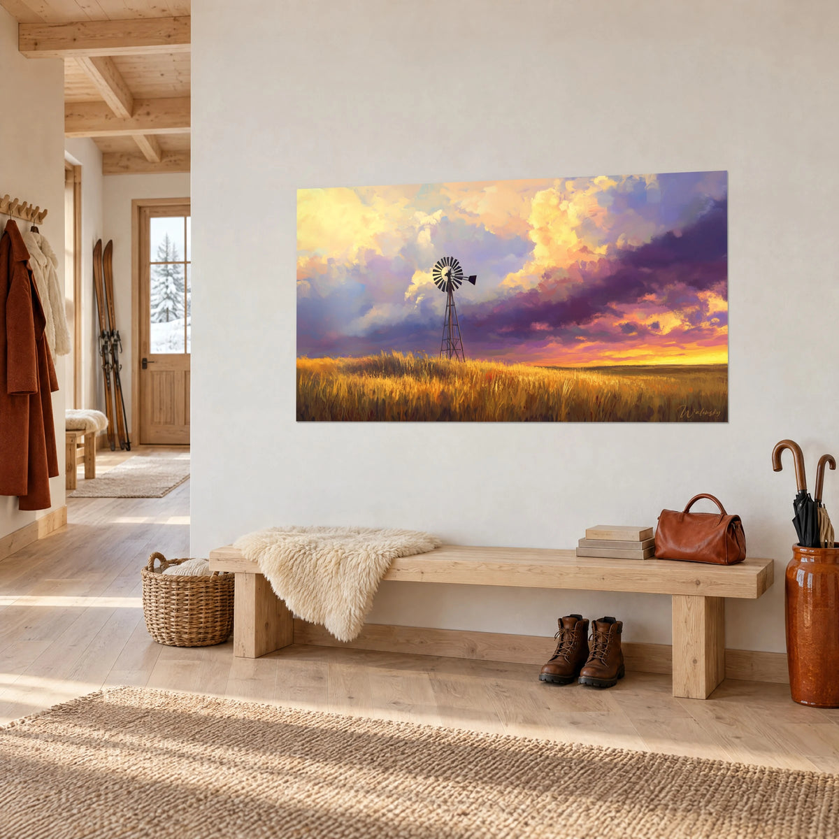 Schilderij van een metalen windmolen onder een stormachtige lila en saffraankleurige lucht, amberkleurig graanveld, opgehangen in een chaletentree