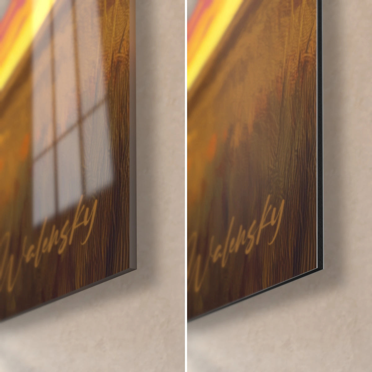 Schilderij van een windmolen en crèmekleurige wolken, rechtsonder: glanzend acrylglas met reflecties, mat zwart Dibond-aluminium, dikte 3 mm