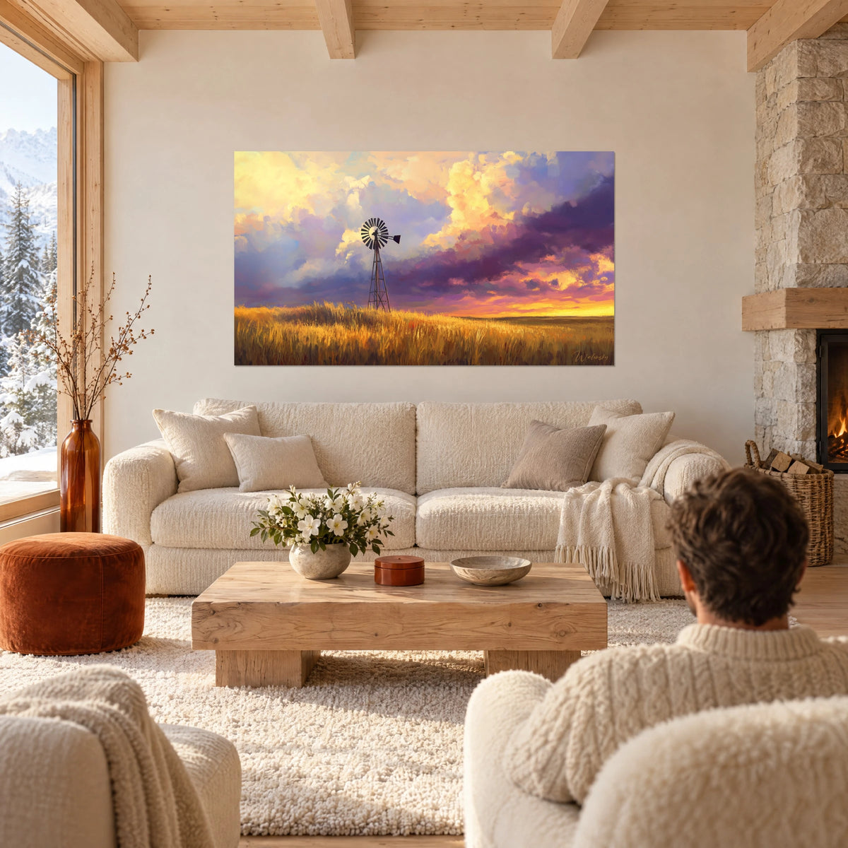 Schilderij van een verroeste windmolen die oprijst boven een veld met gouden aren, boterkleurige en violette wolken, boven een bank in een lichte woonkamer