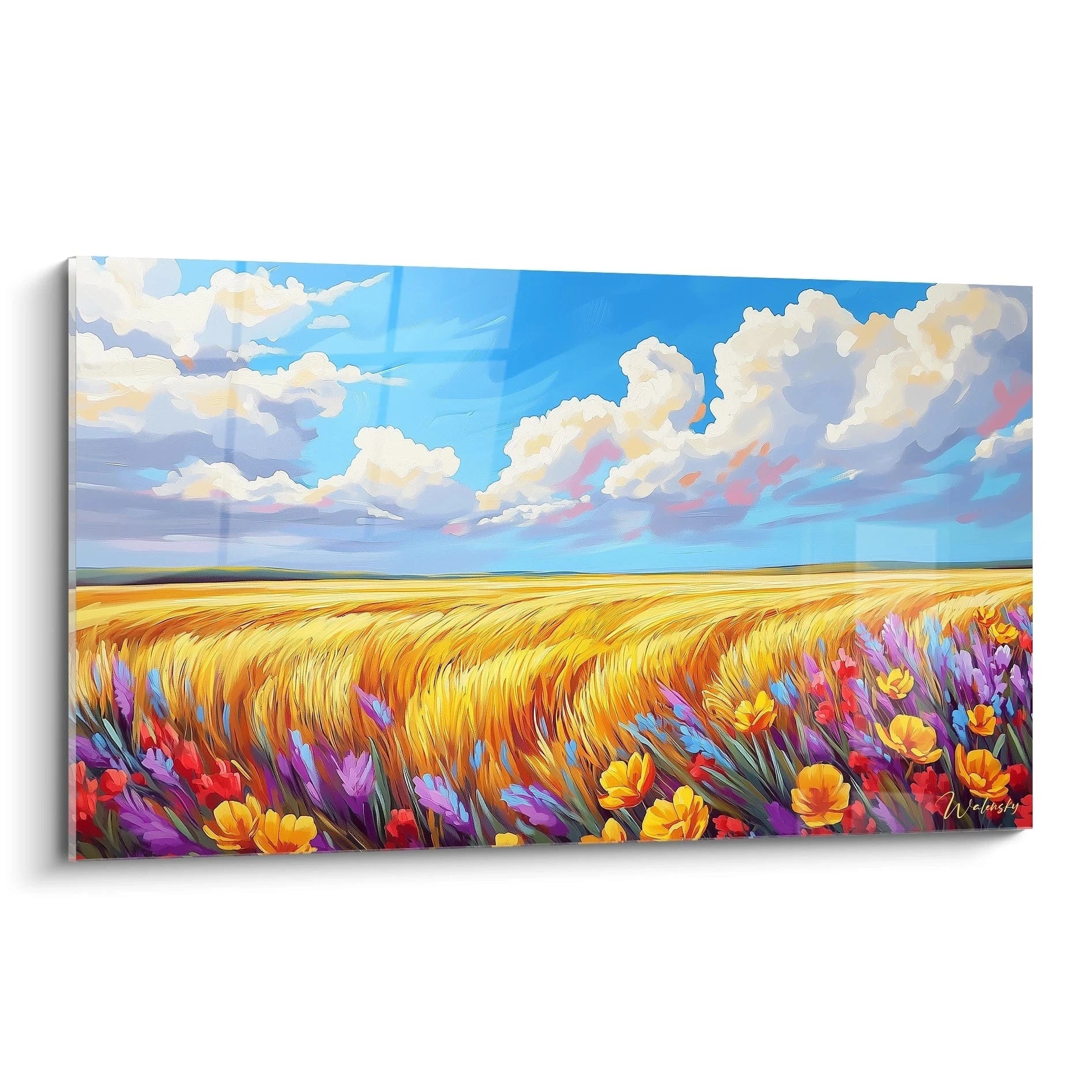Un tableau représentant un vaste champ de blé doré sous un ciel bleu éclatant parsemé de nuages blancs, bordé de fleurs sauvages colorées en violet, rouge et jaune au premier plan.