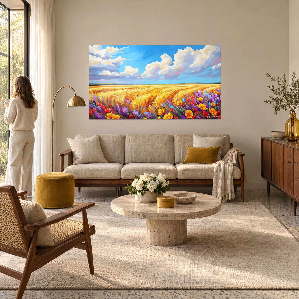 Cuadro campo de trigo ondulante bajo cúmulos color crema, tulipanes rojos y naranjas en primer plano, encima de un sofá en un salón luminoso