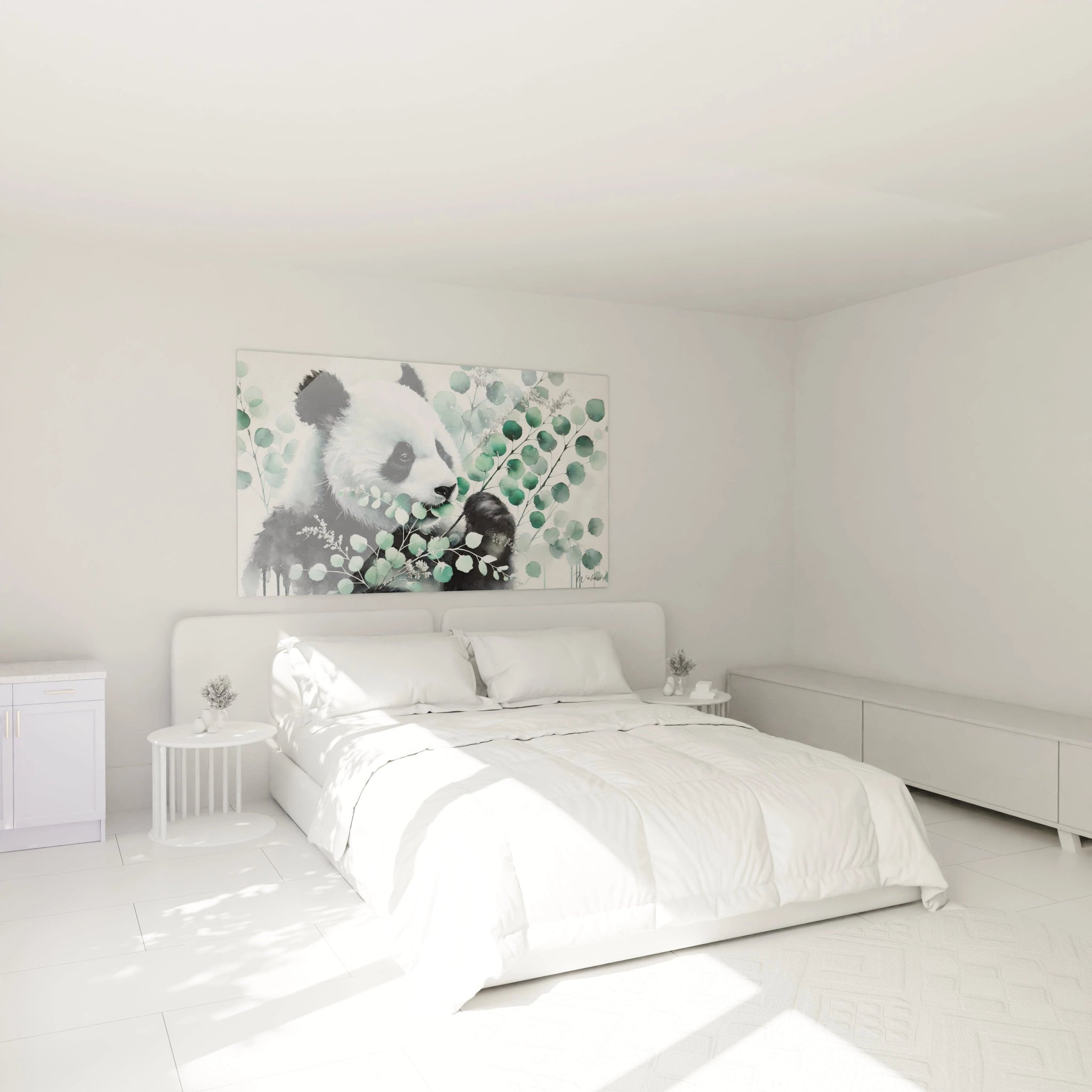 Tableau panda geant accroche dans une chambre au dessus du lit. Creez une ambiance douce et naturelle avec ce panda entoure de feuillages verts aquarelle.