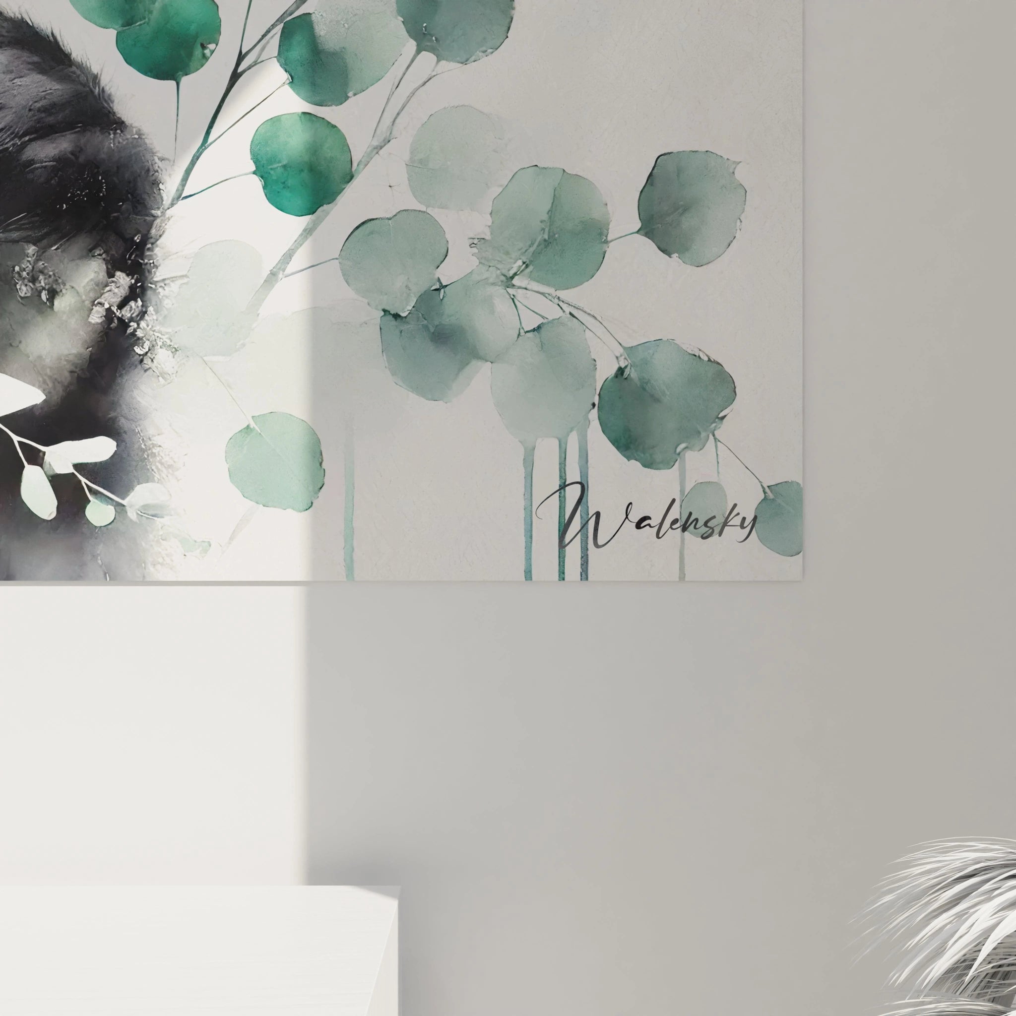 Gros plan du tableau panda geant en aquarelle. Le pelage noir et blanc du panda contraste parfaitement avec les feuillages verts pour une ambiance apaisante.