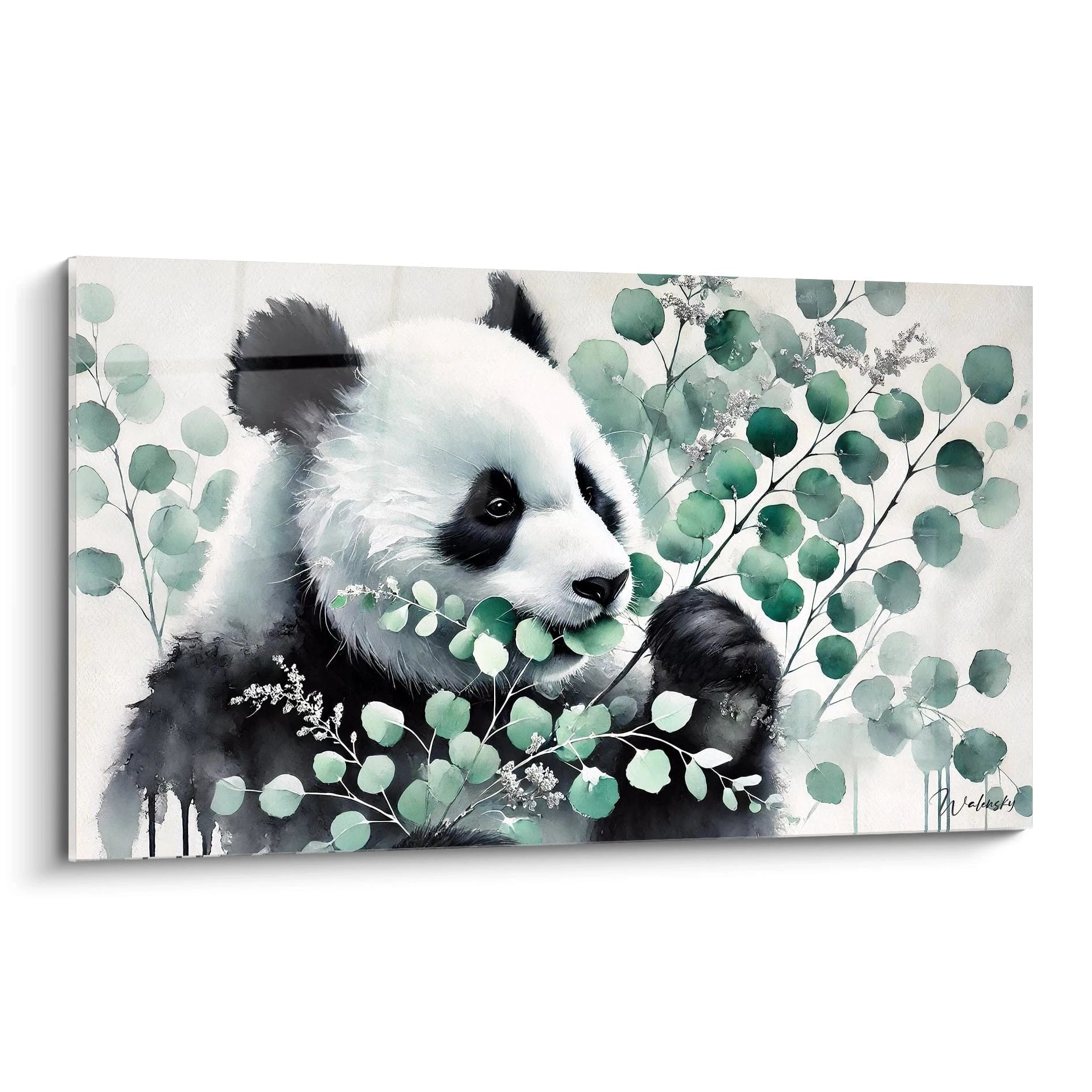 Tableau panda geant en aquarelle vu de biais. Feuillages delicats et tons subtils pour une ambiance zen. Ideal pour ajouter une touche de serenite a votre interieur.