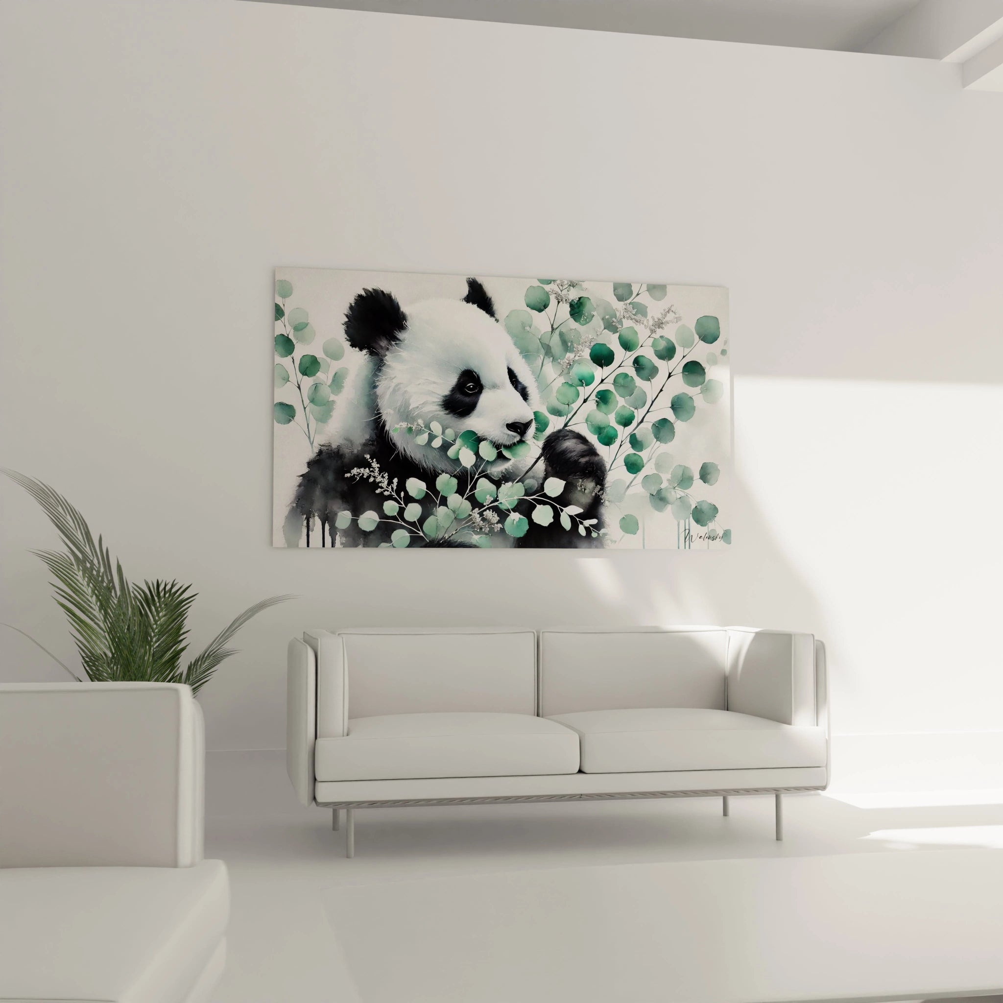 Tableau panda geant au dessus d un canape dans le salon. Ajoutez une touche de nature et de serenite a votre decoration avec ce panda en aquarelle entouré de feuillages.