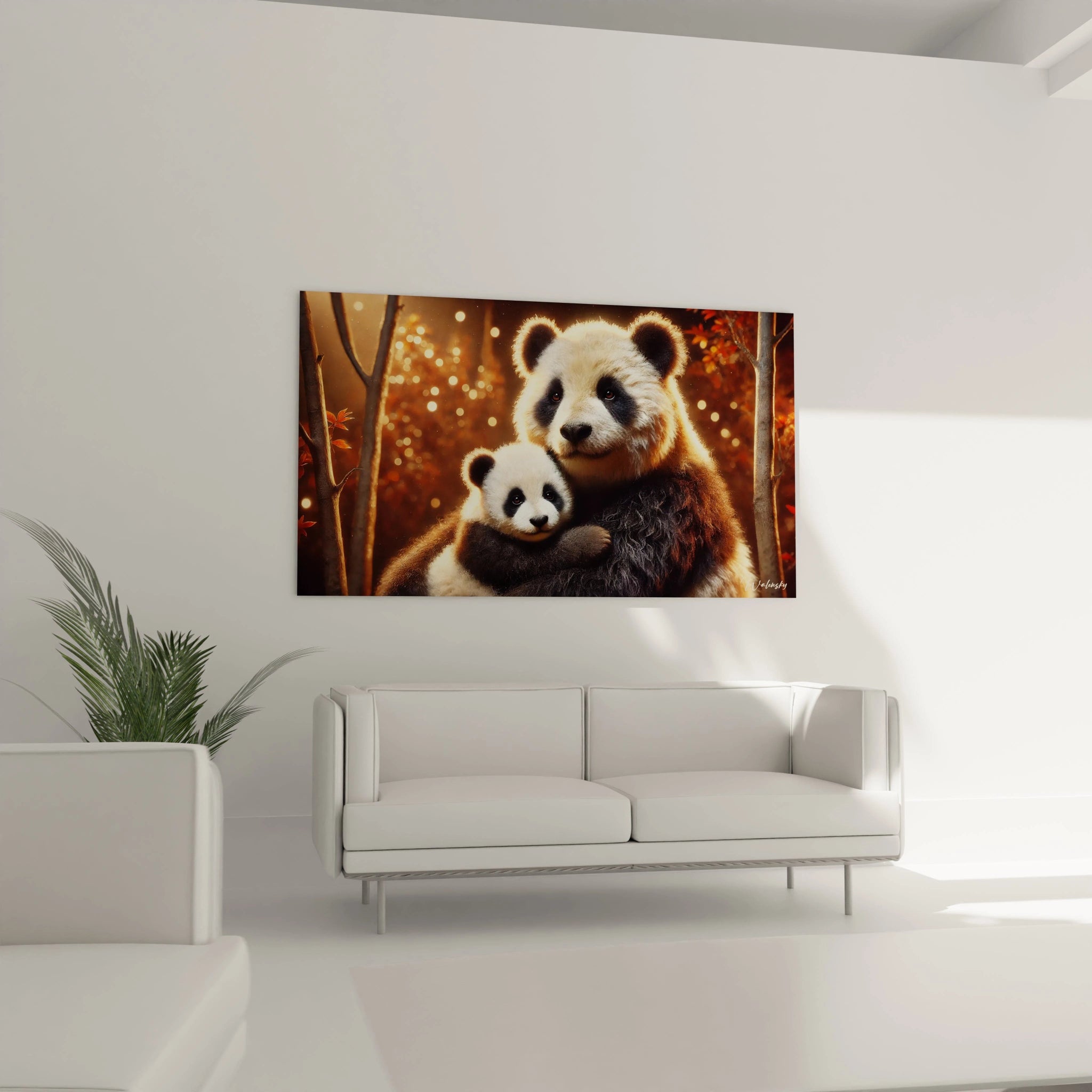 Le tableau panda geant au-dessus d un canape dans un salon, ajoutant une touche de douceur et de lien familial. Parfait pour une decoration chaleureuse avec des couleurs automnales.