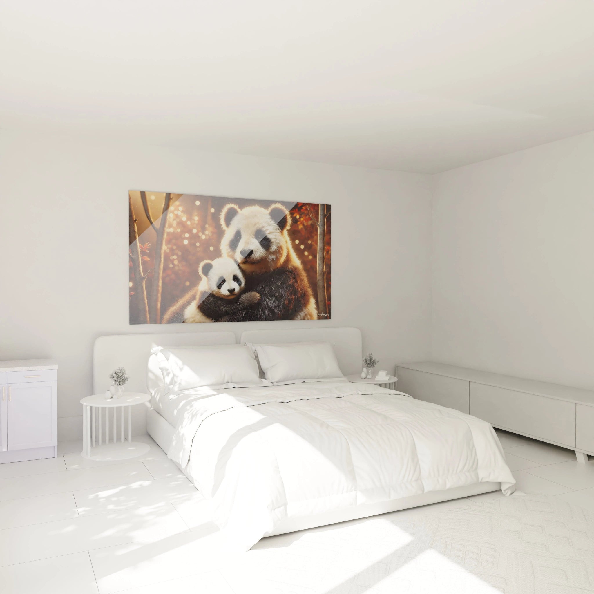 Tableau panda geant dans une chambre au dessus du lit, apportant tendresse et chaleur avec ses teintes or et bronze. Cette oeuvre evoque amour inconditionnel et tranquillite, parfaite pour un espace intime.
