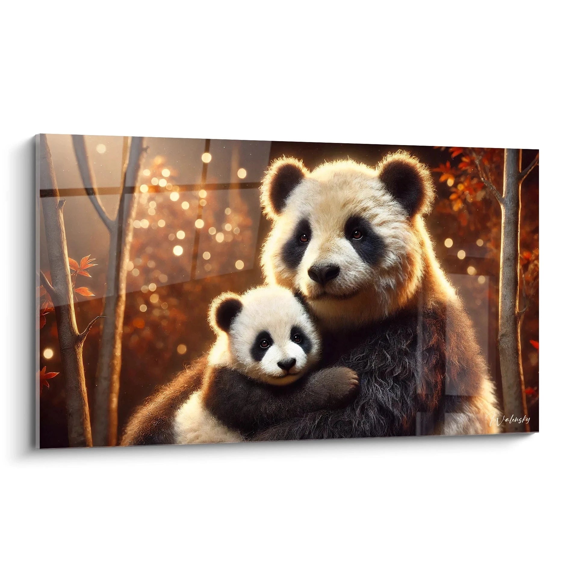 Vue de biais du tableau panda geant representant un moment tendre entre une mere et son petit, enveloppe dans une lumiere doree qui ajoute chaleur et emotion. Ideal pour creer une ambiance douce.