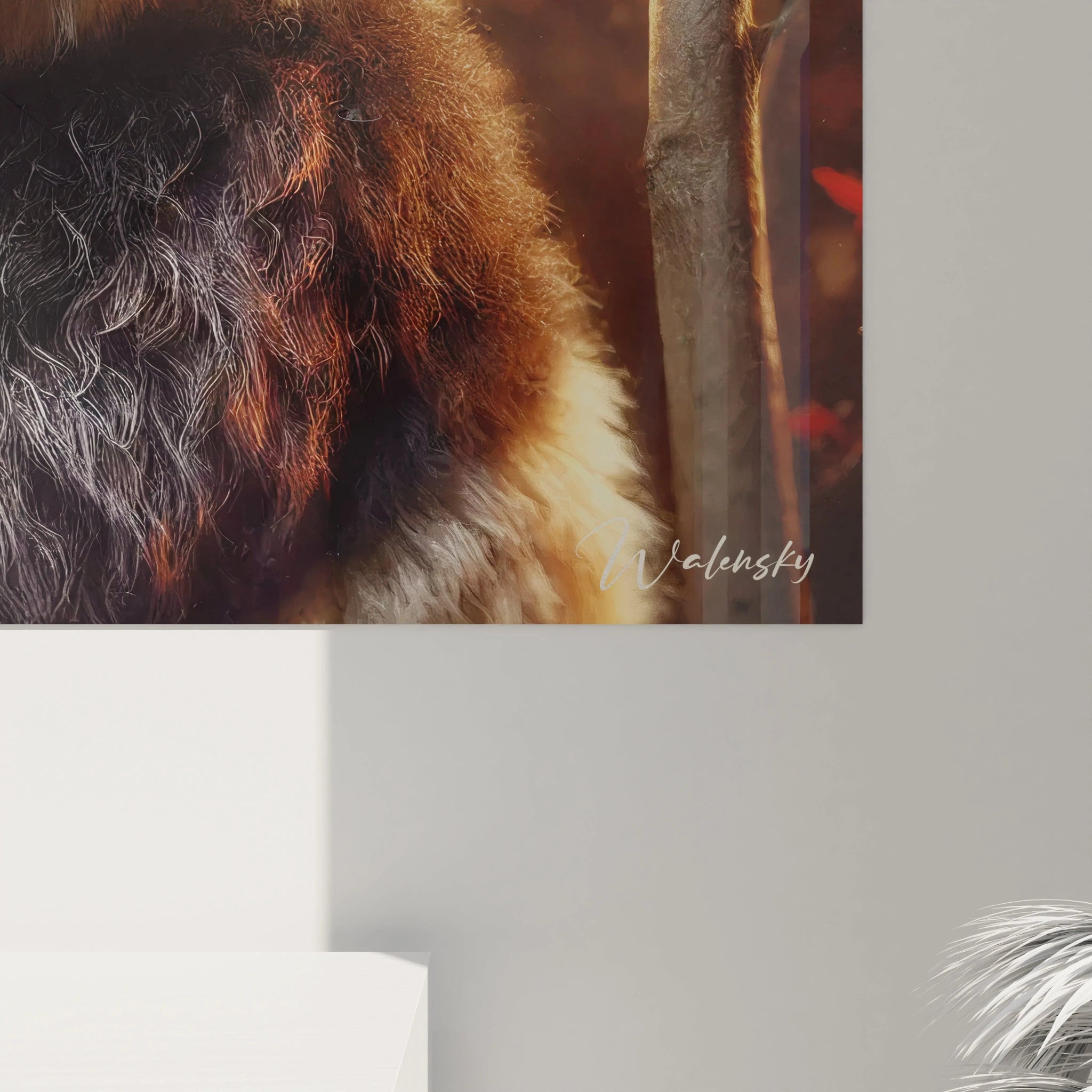 Gros plan sur le tableau panda geant avec les details realistes du pelage et la lumiere doree. Cette oeuvre capture la tendresse entre une mere et son petit, ajoutant une atmosphere feerique et chaleureuse.