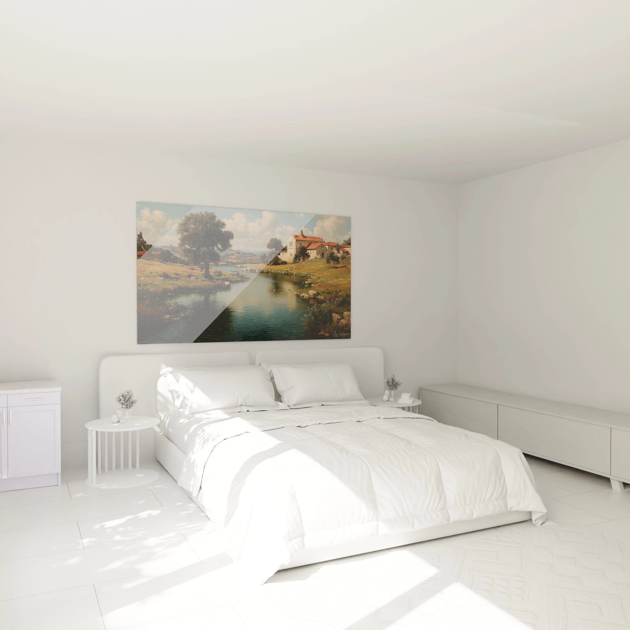 Chambre minimaliste blanche avec lit double et tableau monastère paysage classique accroché au mur au dessus du lit
