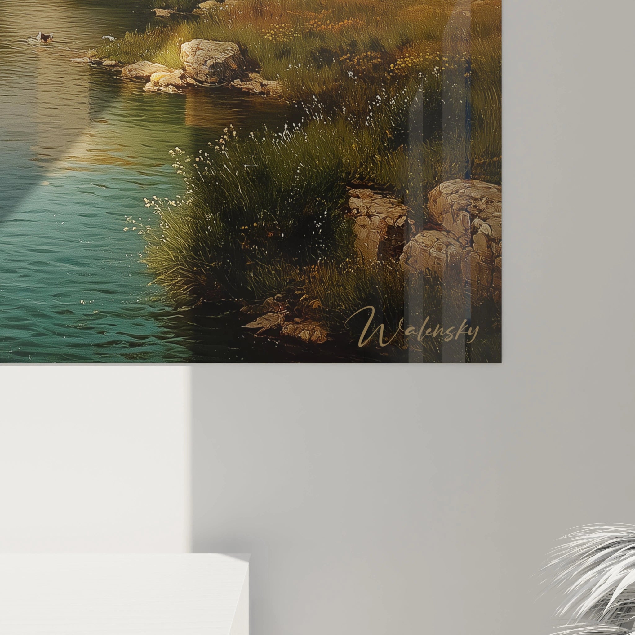 Tableau mural Walensky montrant berges rocailleuses et eau verte calme, tableau monastère paysage classique